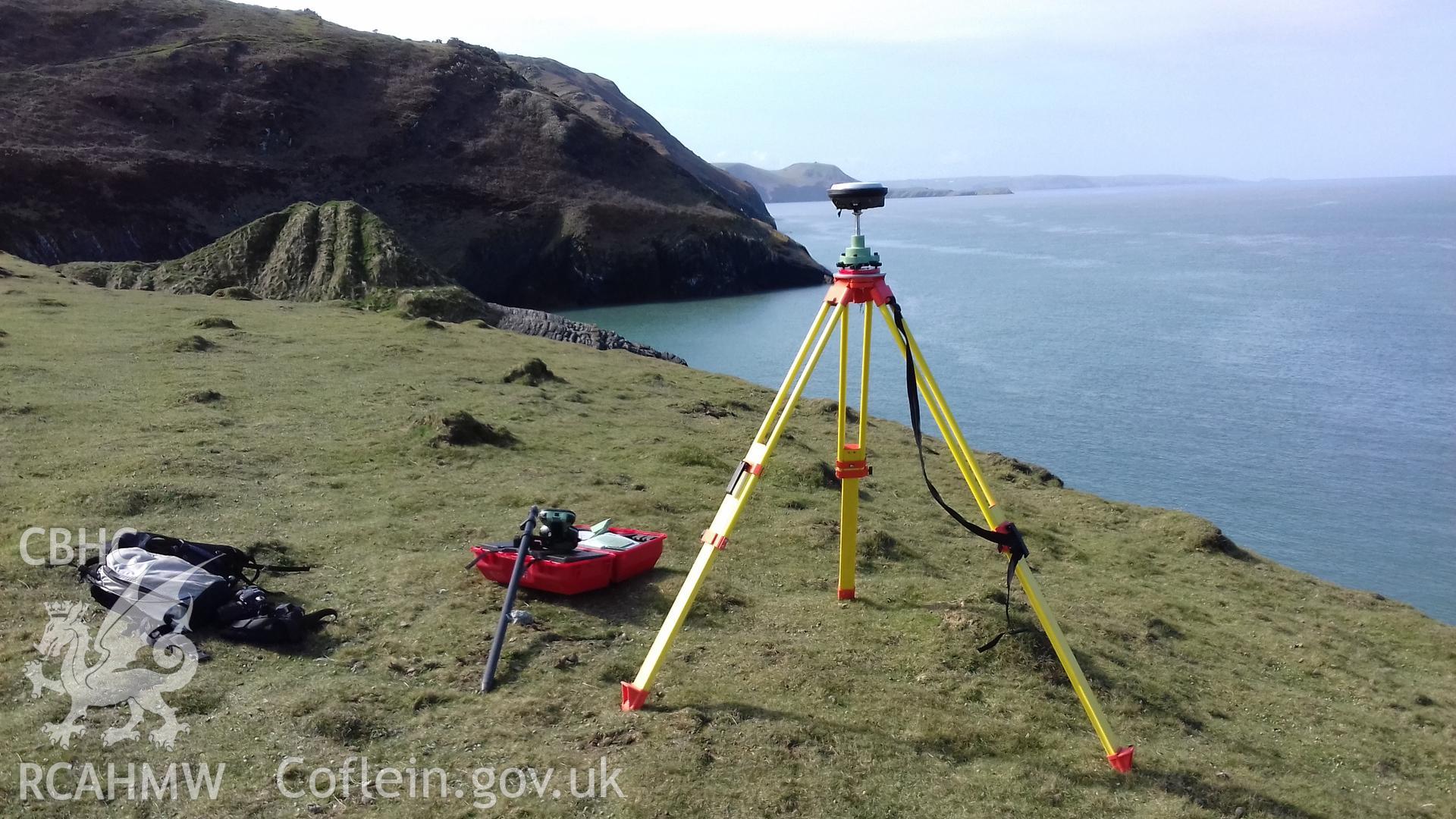 GNSS equipment. Camera facing W. From photographic survey of Castell Bach (NPRN 93914) by Dr Toby Driver for site monitoring 27/03/2019.
Produced with EU funds through the Ireland Wales Co-operation Programme 2014-2020. All material made freely available through the Open Government Licence.