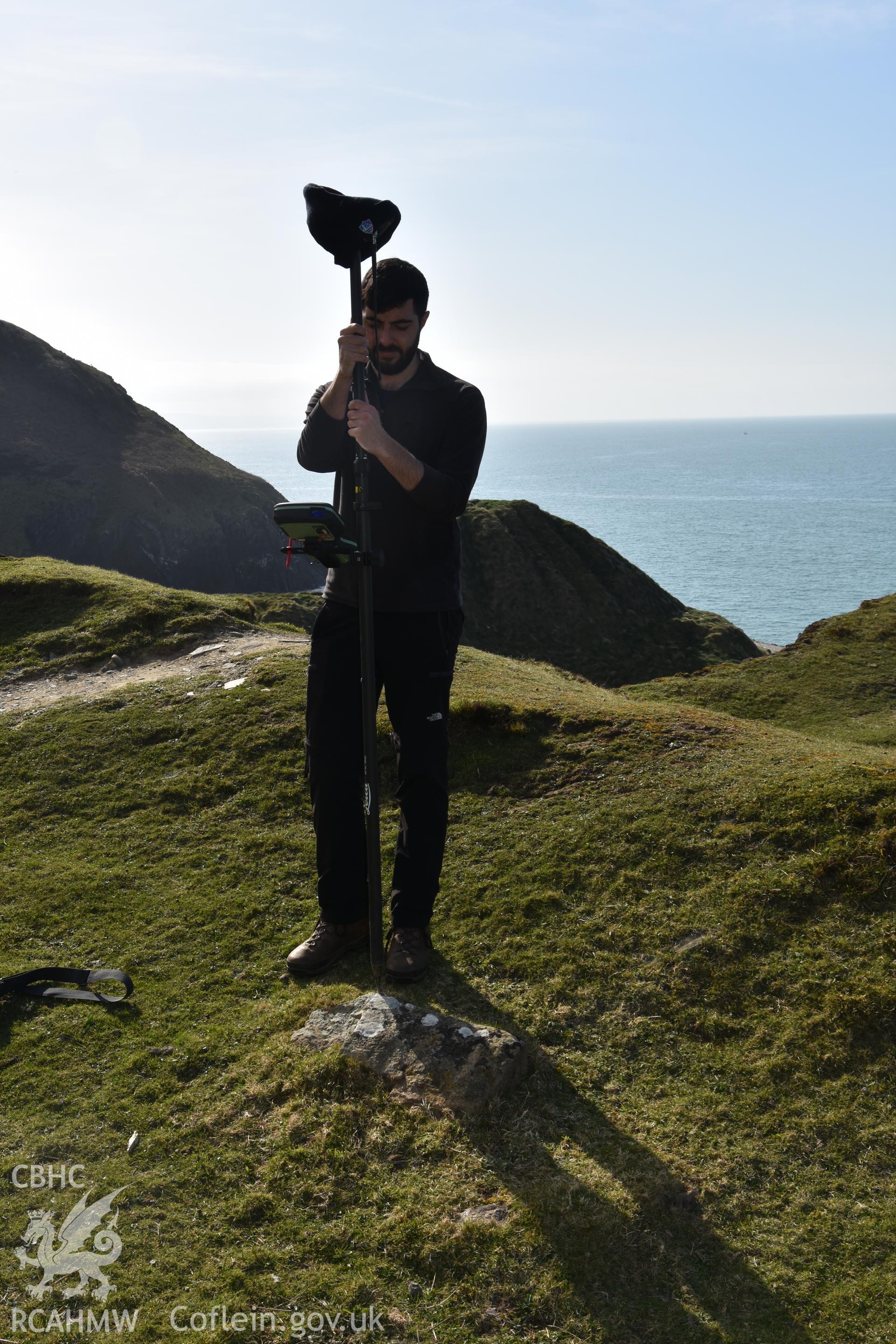 CHERISH project team measuring location of survey marker. From photographic survey of Castell Bach (NPRN 93914) by Dr Toby Driver for site monitoring 27/03/2019.
Produced with EU funds through the Ireland Wales Co-operation Programme 2014-2020. All material made freely available through the Open Government Licence.
