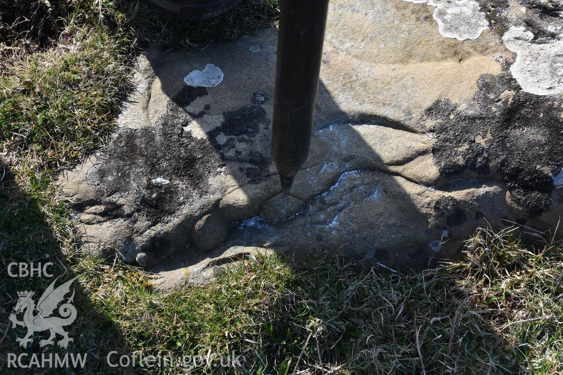 Location of survey marker indicated with a TST. From photographic survey of Castell Bach (NPRN 93914) by Dr Toby Driver for site monitoring 27/03/2019.
Produced with EU funds through the Ireland Wales Co-operation Programme 2014-2020. All material made freely available through the Open Government Licence.