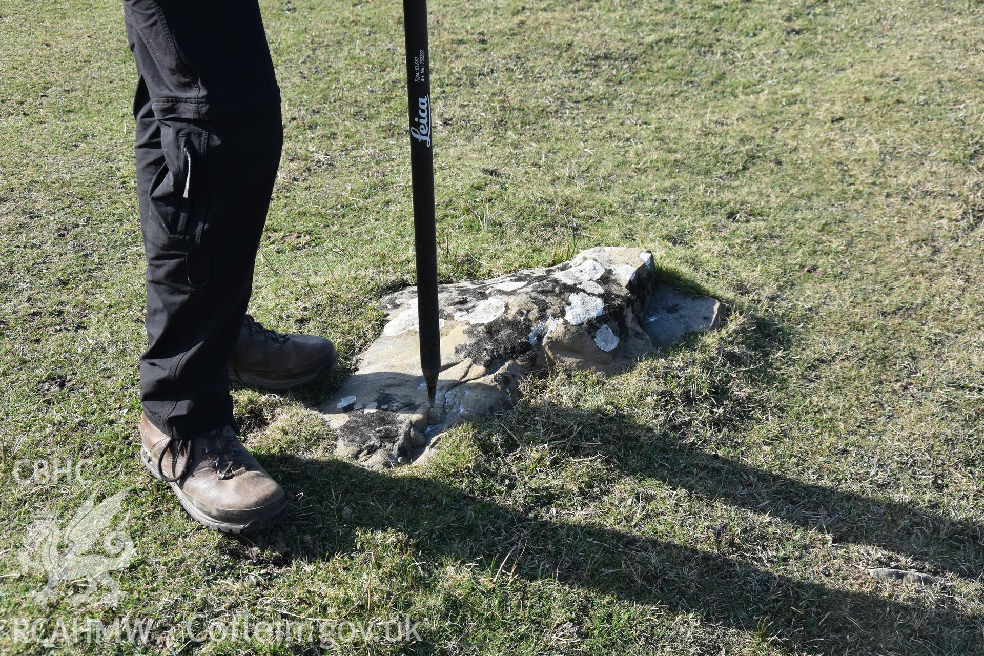 CHERISH project team measuring location of survey marker. From photographic survey of Castell Bach (NPRN 93914) by Dr Toby Driver for site monitoring 27/03/2019.
Produced with EU funds through the Ireland Wales Co-operation Programme 2014-2020. All material made freely available through the Open Government Licence.