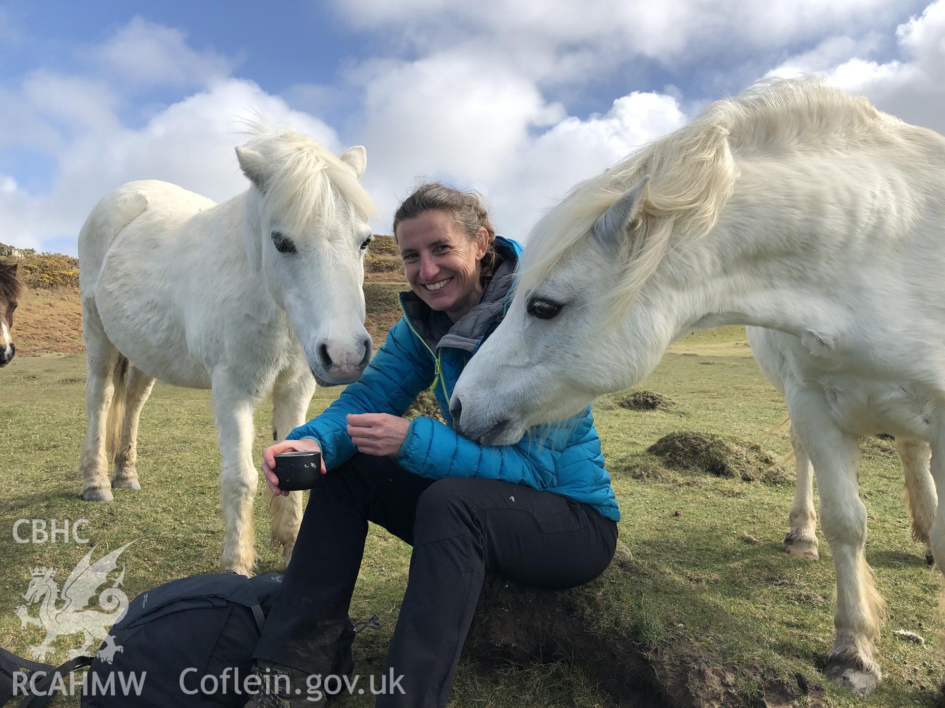 CHERISH project team with horses. From photographic survey of Castell Bach (NPRN 93914) by Dr Toby Driver for site monitoring 27/03/2019.
Produced with EU funds through the Ireland Wales Co-operation Programme 2014-2020. All material made freely available through the Open Government Licence.