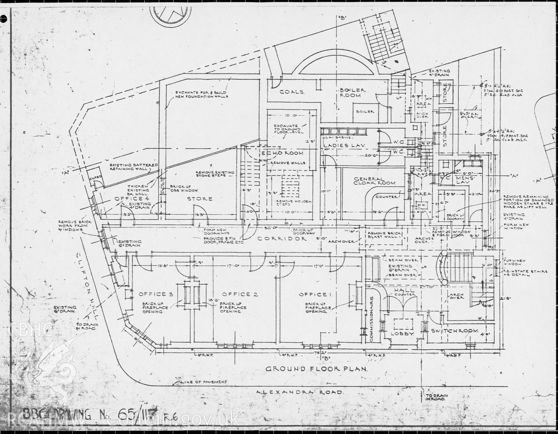 Swansea Broadcasting House, Alexandra Road - proposals for ground floor plan. Drawing No. 65/117 R6. 1978.