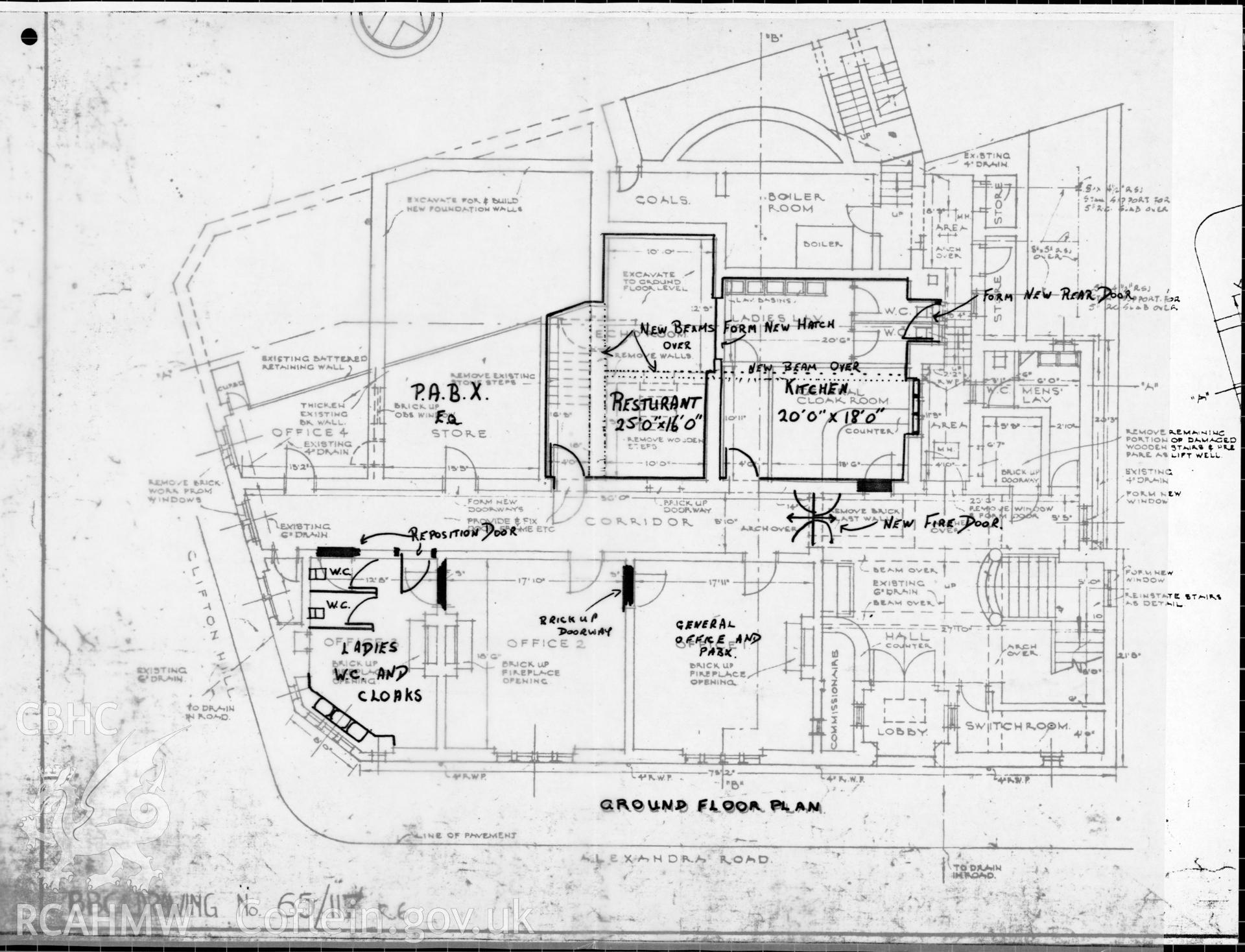 Swansea Broadcasting House, Alexandra Road - proposals for ground floor plan plus overlay. Drawing No. 65/117 R6. 1978.