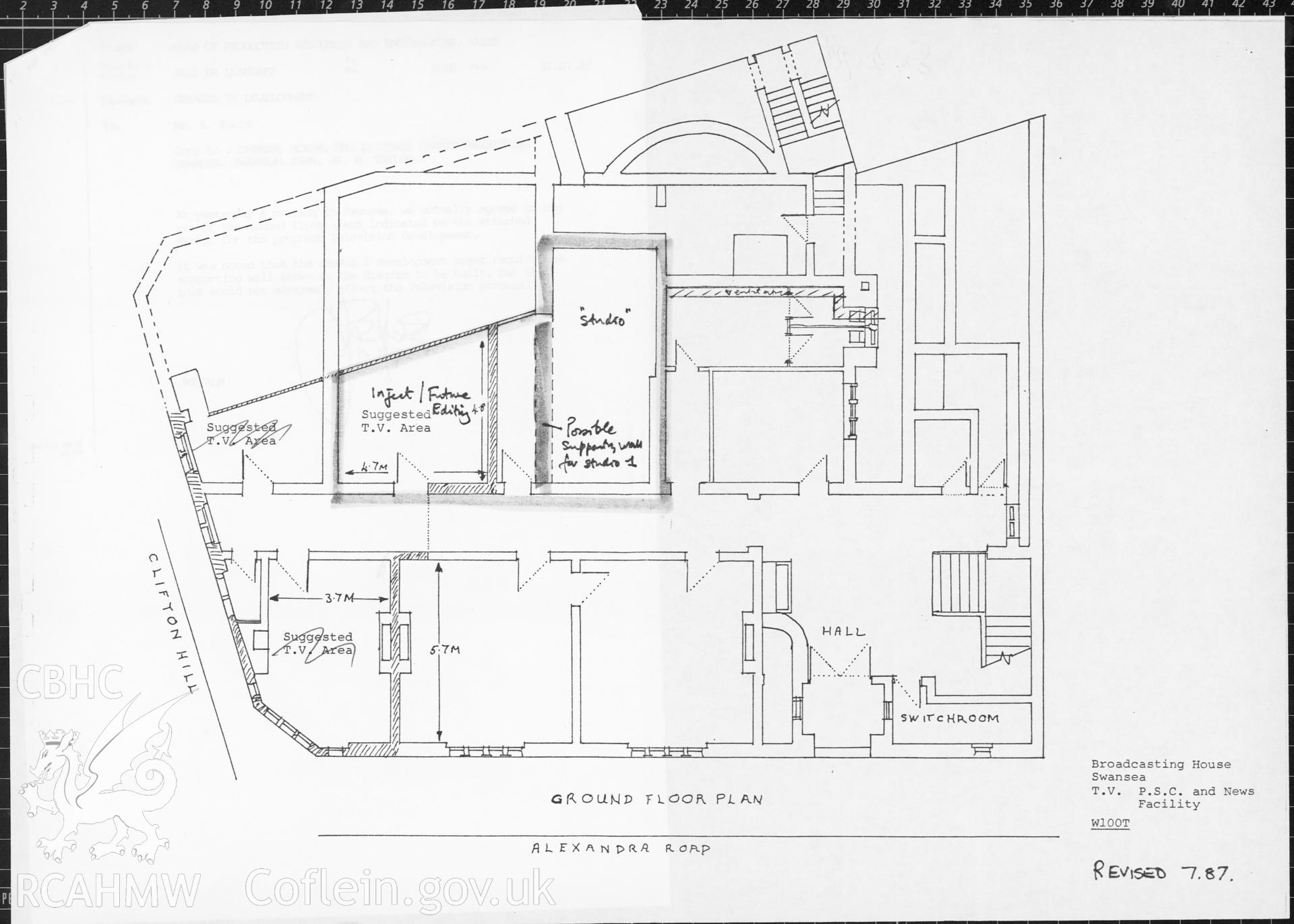 Swansea Broadcasting House, Alexandra Road - ground floor plan revised. Drawing No. W100T. 1987.