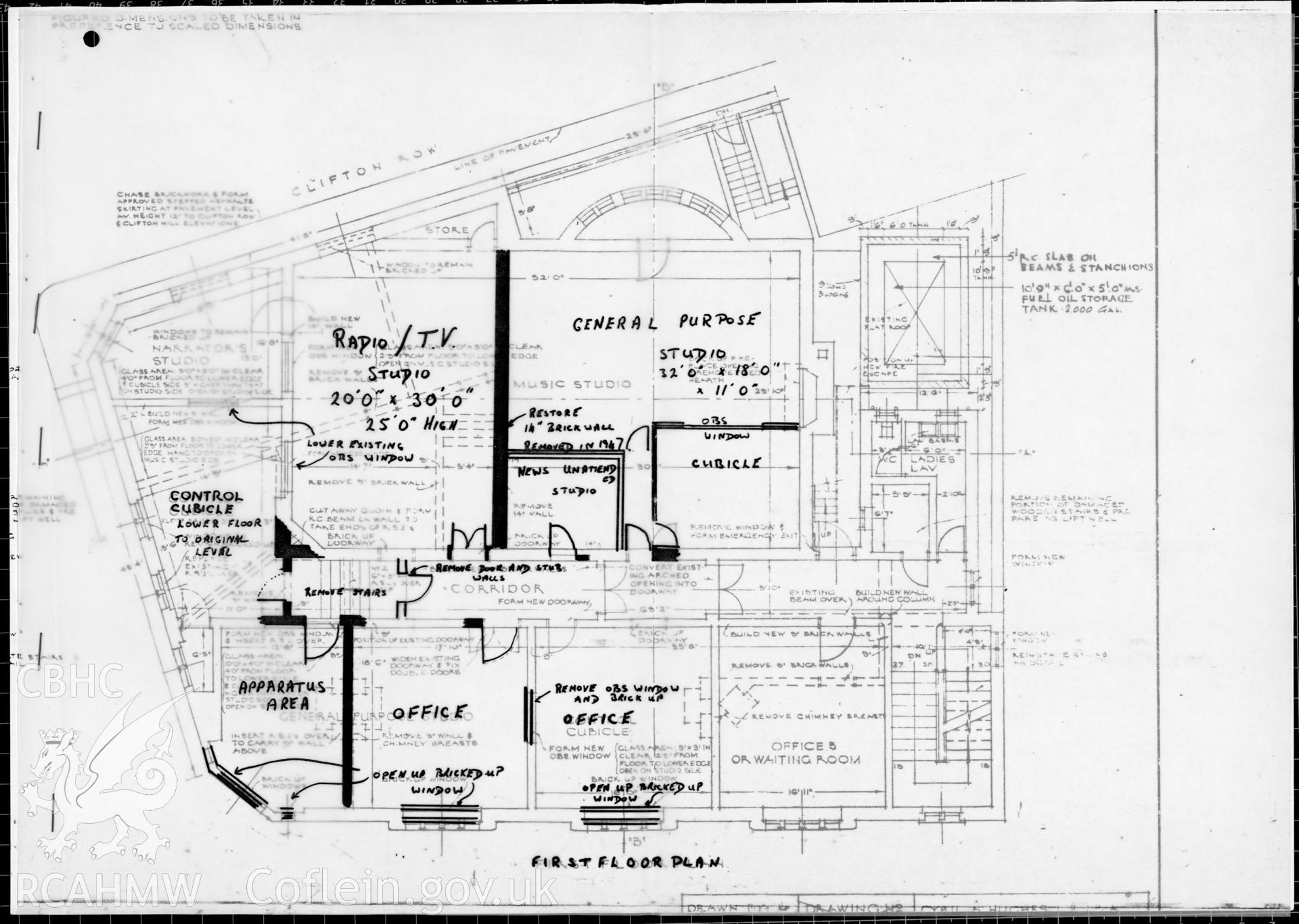 Swansea Broadcasting House, Alexandra Road - first floor plan plus overlay proposal. Drawing No. 65/117 R6. 1978.