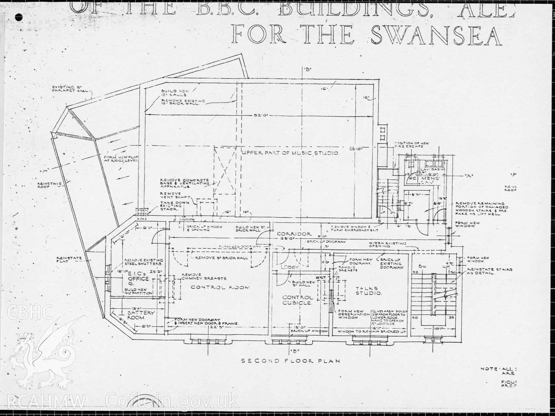 Swansea Broadcasting House, Alexandra Road - second floor plan. 1978.