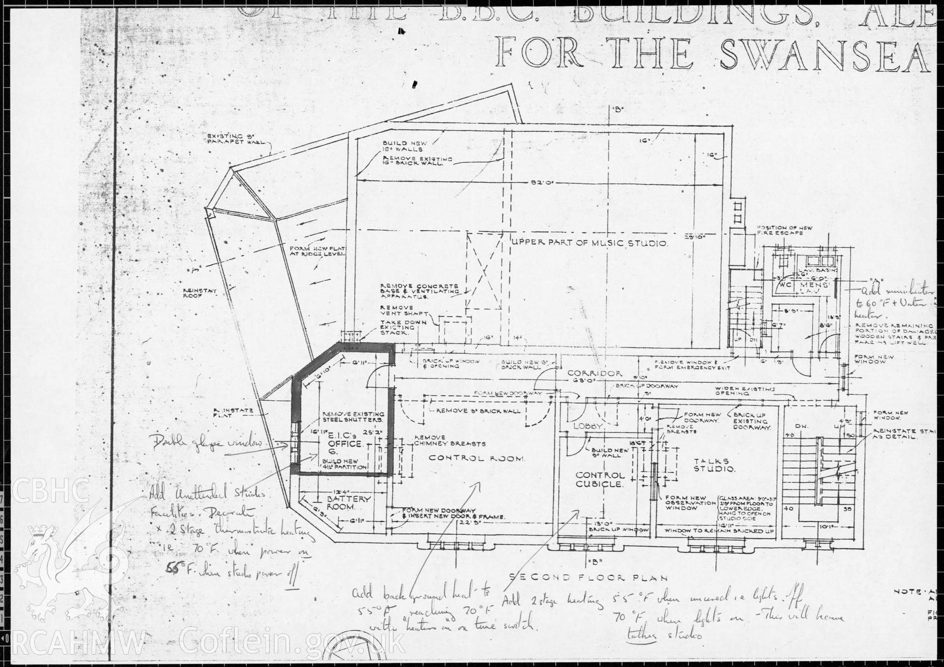Swansea Broadcasting House, Alexandra Road - second floor plan with annotations. 1978.