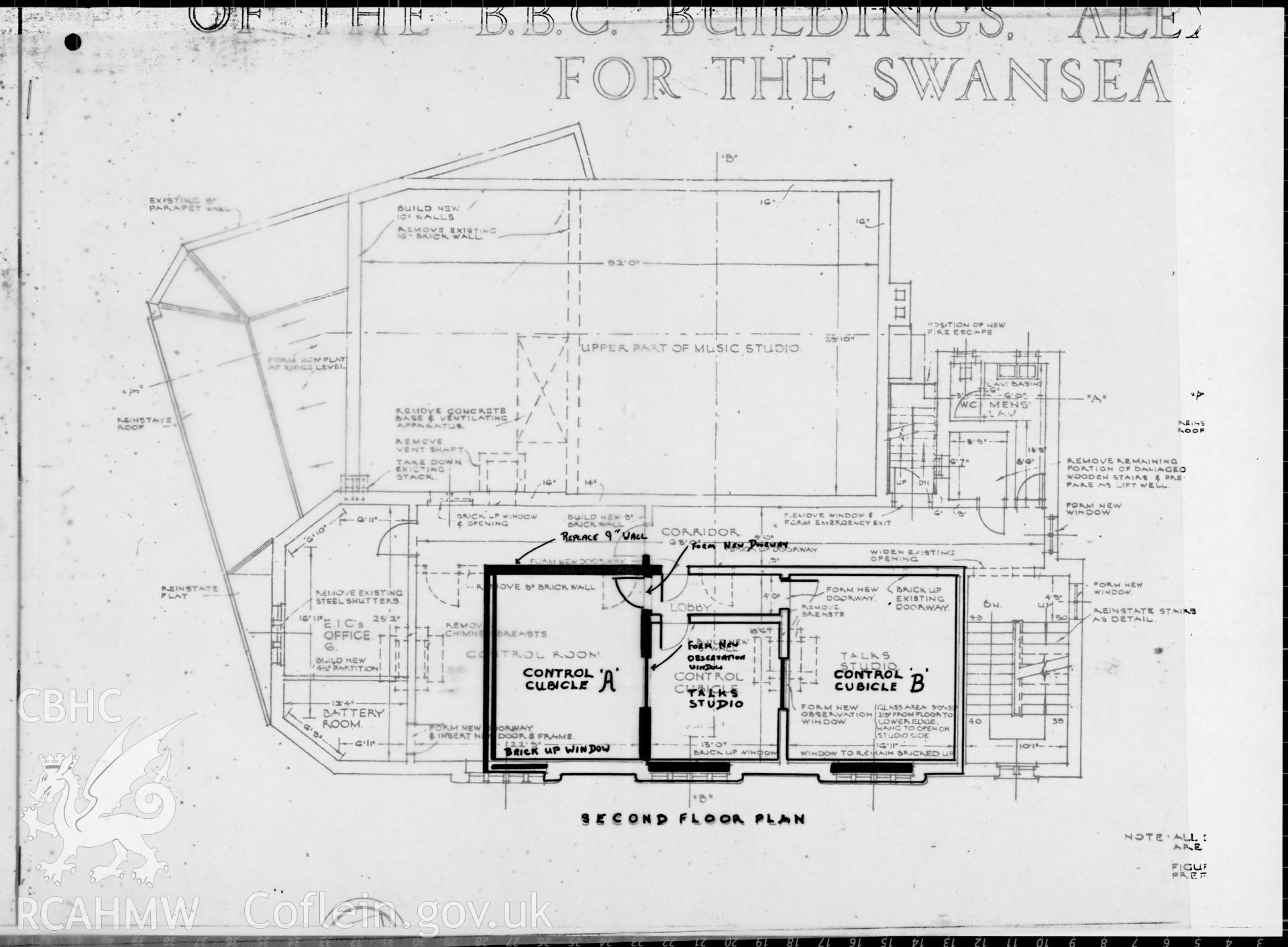 Swansea Broadcasting House, Alexandra Road - second floor plan plus overlay. 1978.