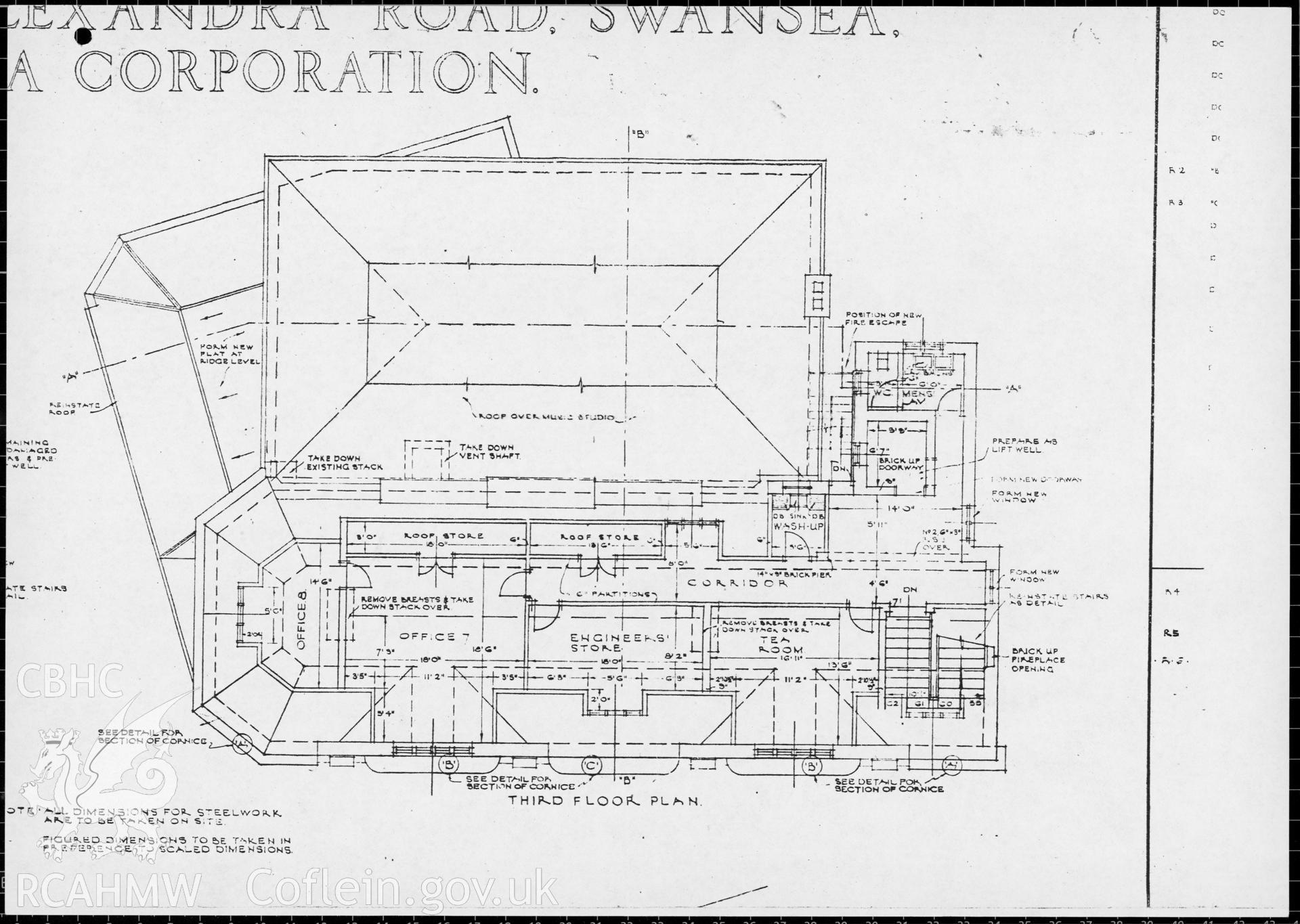Swansea Broadcasting House, Alexandra Road - third floor plan proposal. 1978.