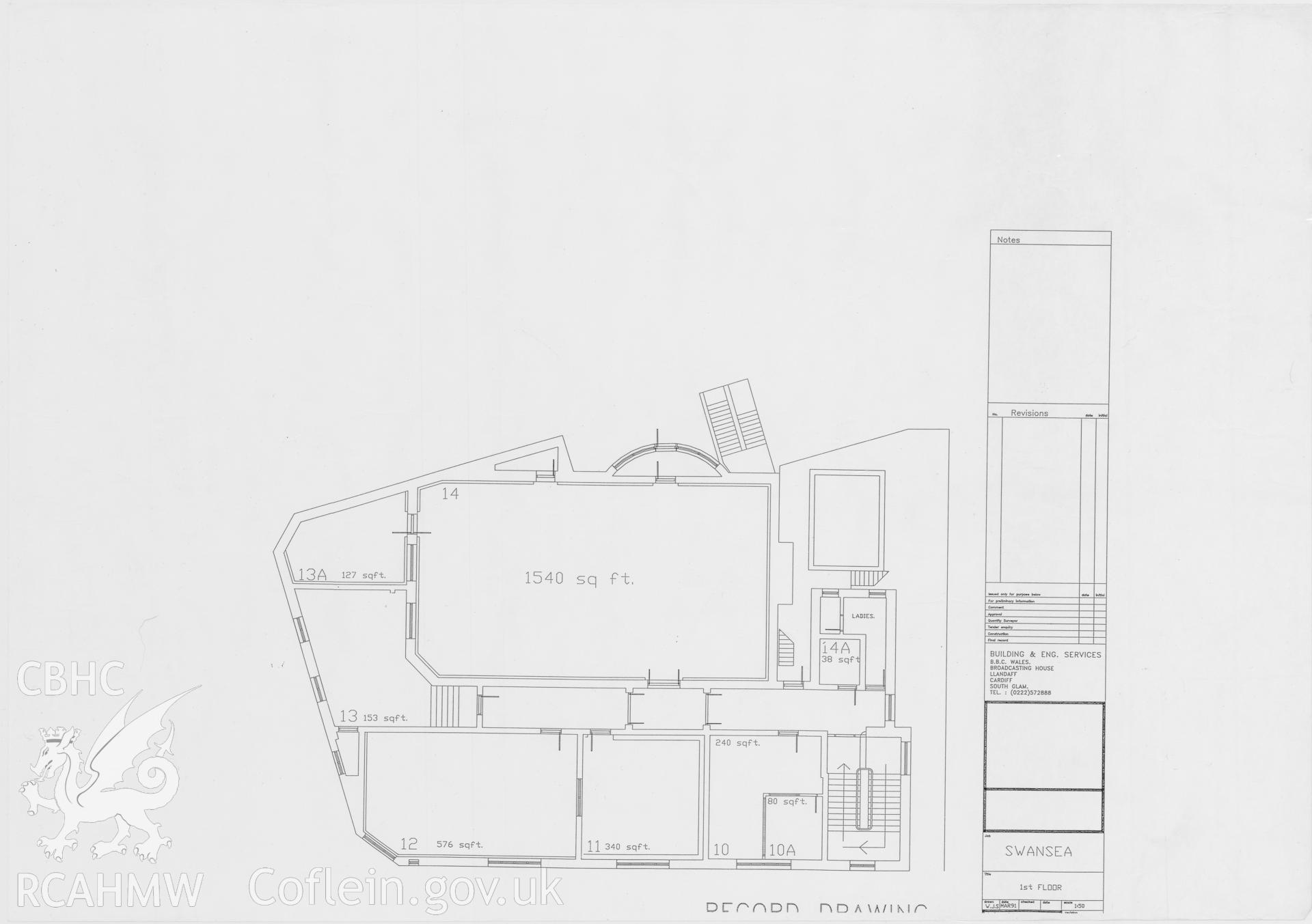 Swansea Broadcasting House, Alexandra Road - first floor plan. March 1991.