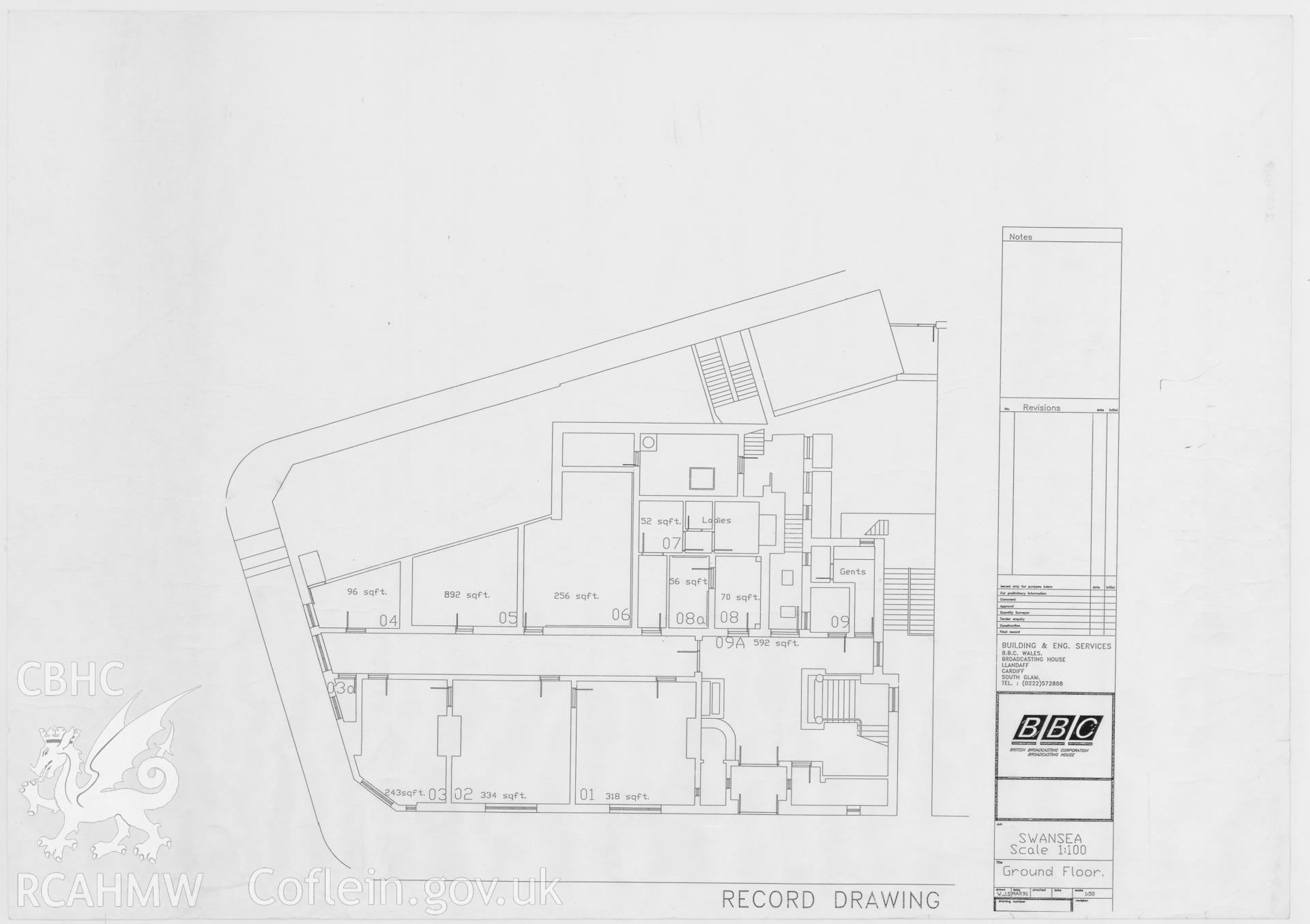Swansea Broadcasting House, Alexandra Road - ground floor plan. March 1991.