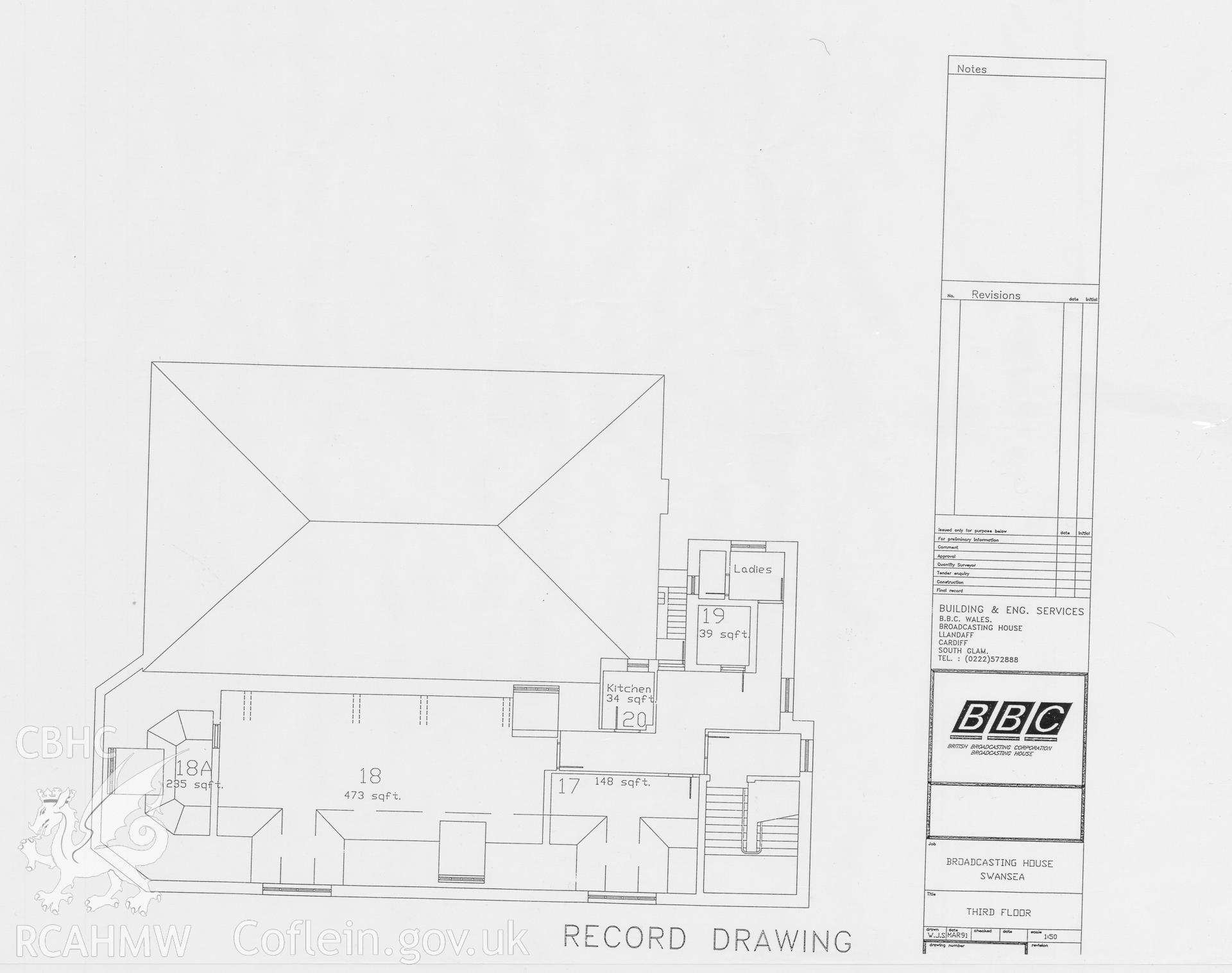 Swansea Broadcasting House, Alexandra Road - record drawing of third floor plan. March 1991.