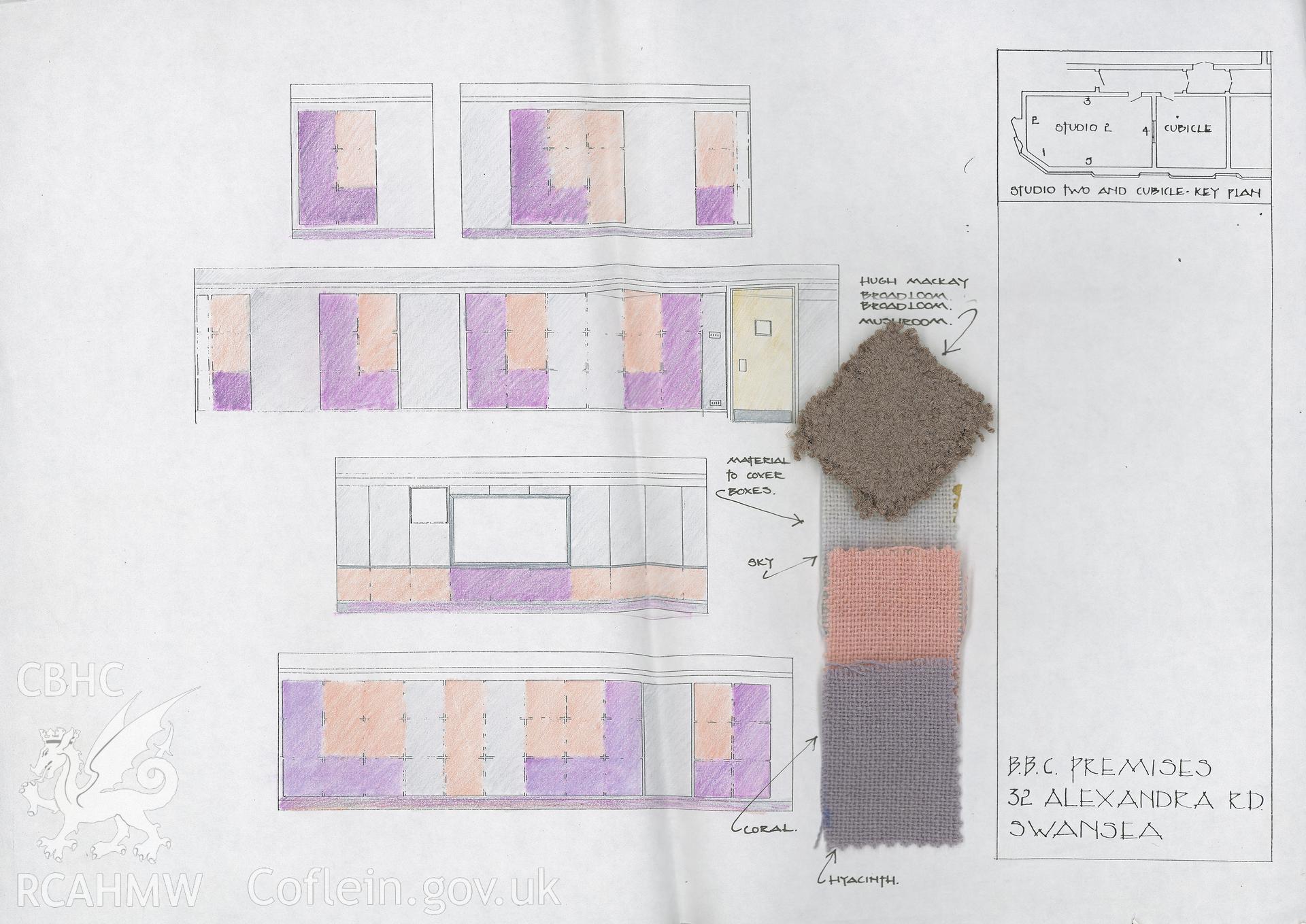 Swansea Broadcasting House, 32 Alexandra Road - BBC design and fabric swatches for studio 2 and cubicle key plan. Undated.