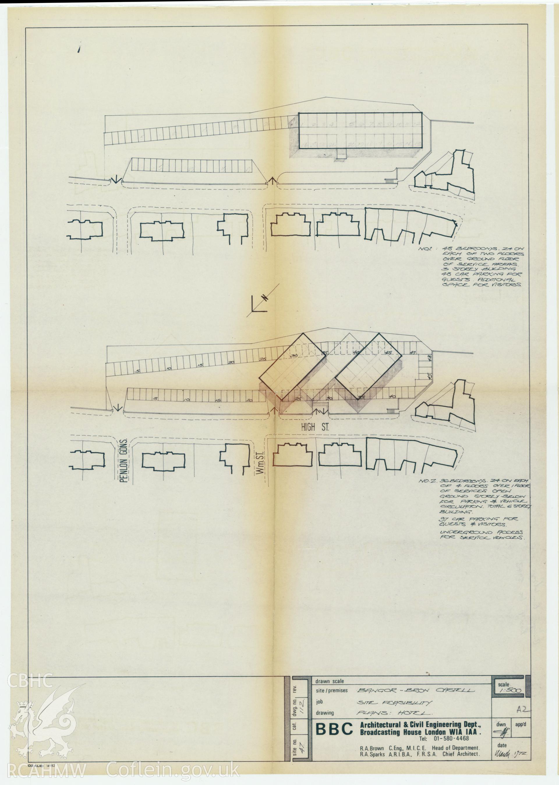 BBC building, Bron Castell, Bangor - a site plan of the hotels at the provisional premises. Drawing No. 47/112. March 1972.