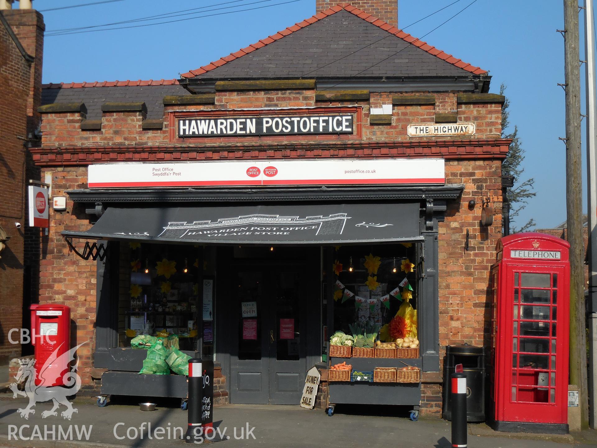Colour digital photograph showing telephone box and Post Office, The Highway, Hawarden, taken in March 2022.