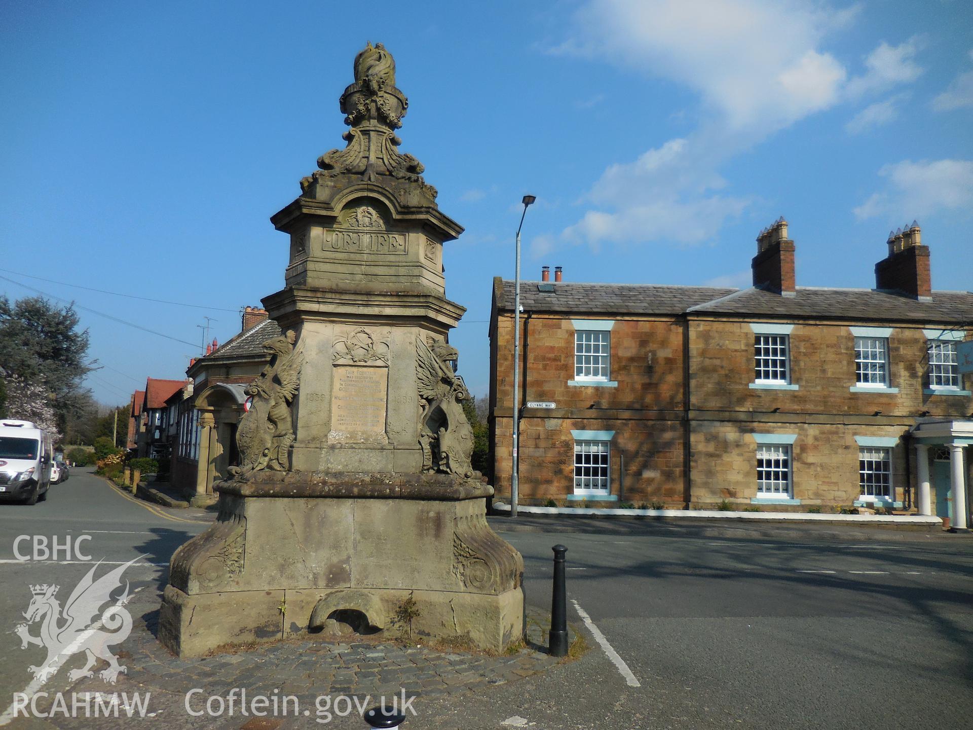 Colour digital photograph showing Gladstone Memorial Fountain, Hawarden, taken in March 2022.