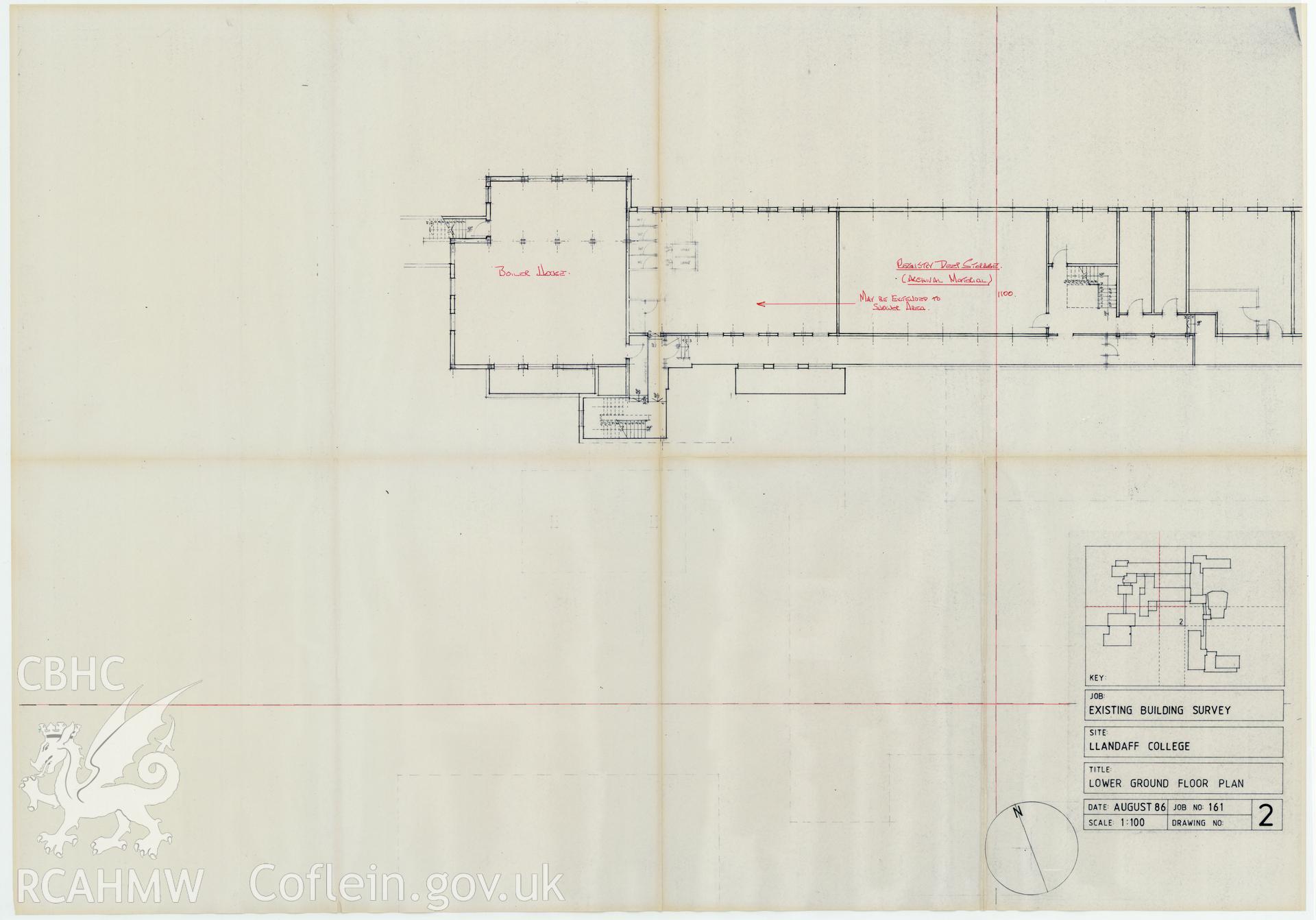 Plan of the lower ground floor of Llandaff College, Cardiff. The existing building survey, August 1986, No 2.