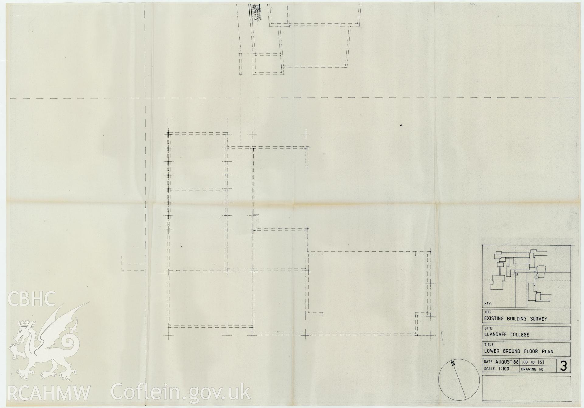 Plan of the lower ground floor of Llandaff College, Cardiff. The existing building survey, August 1986, No 3.