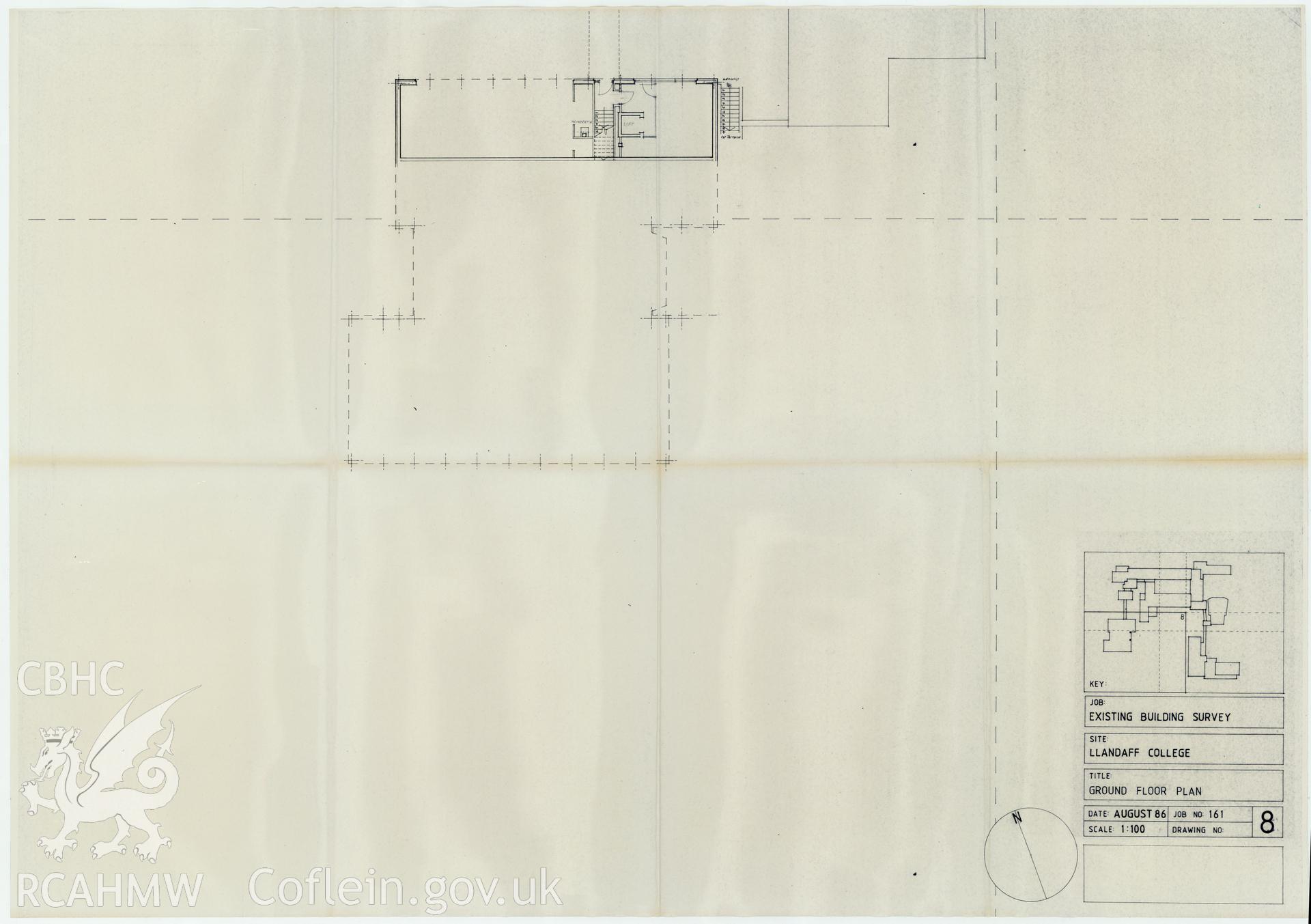 Plan of the ground floor of Llandaff College, Cardiff. The existing building survey, August 1986, No 8.