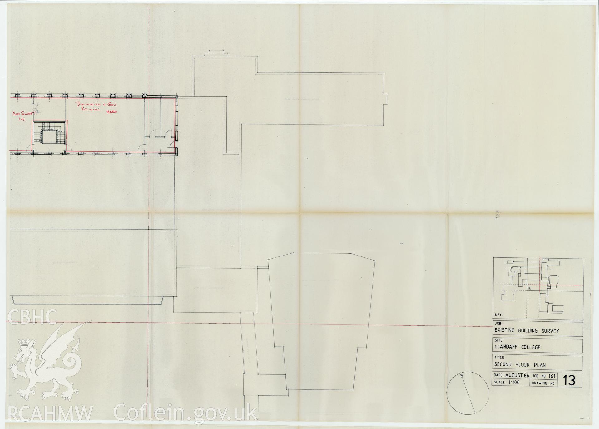 Plan of the second floor of Llandaff College, Cardiff. The existing building survey, August 1986, No 13.