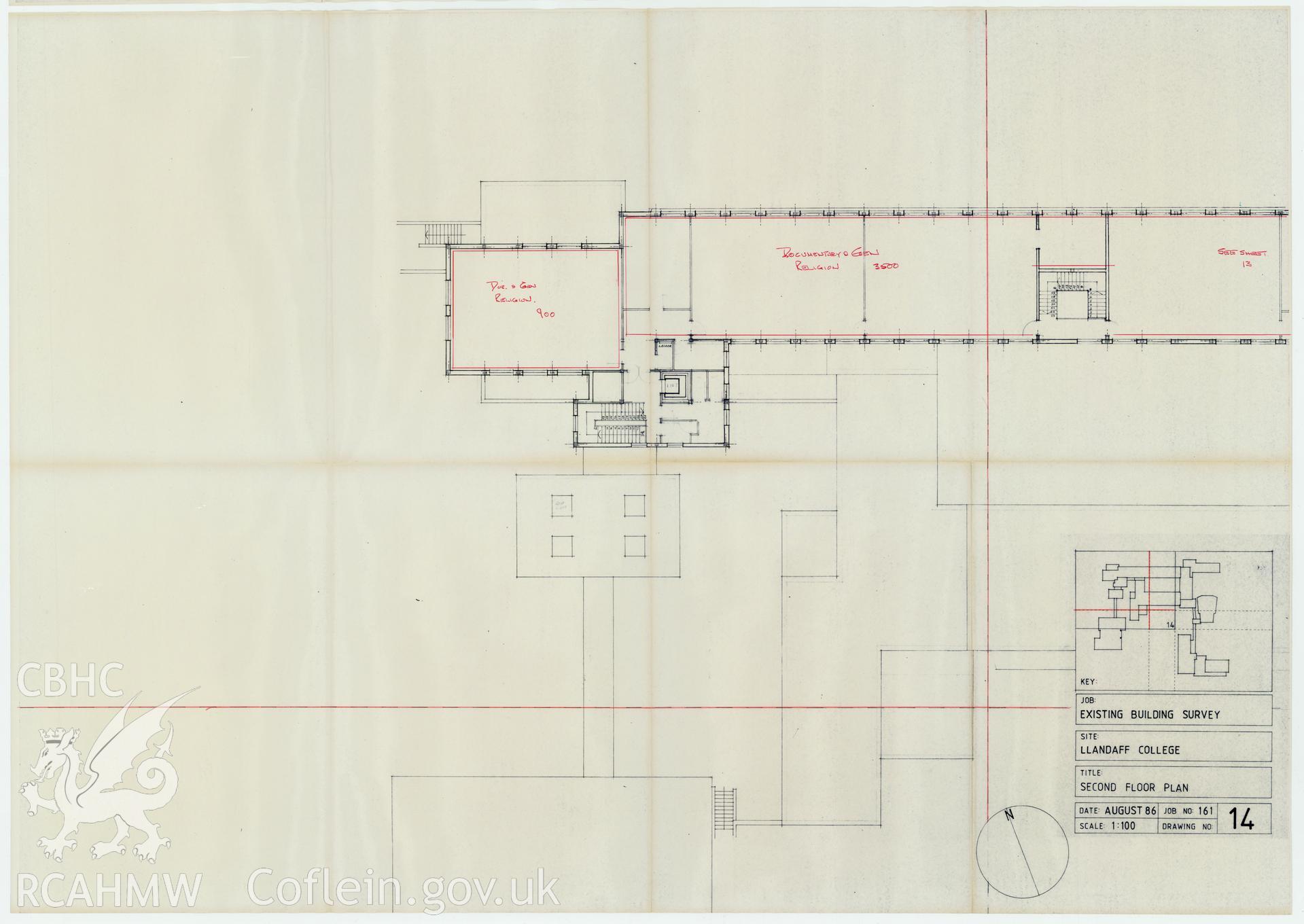 Plan of the second floor of Llandaff College, Cardiff. The existing building survey, August 1986, No 14.