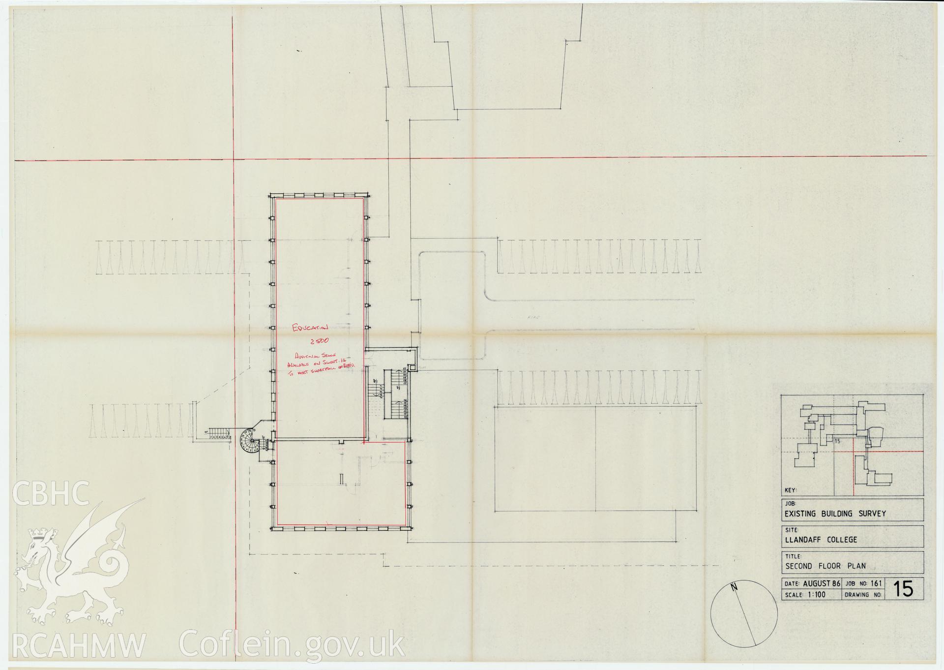 Plan of the second floor of Llandaff College, Cardiff. The existing building survey, August 1986, No 15.