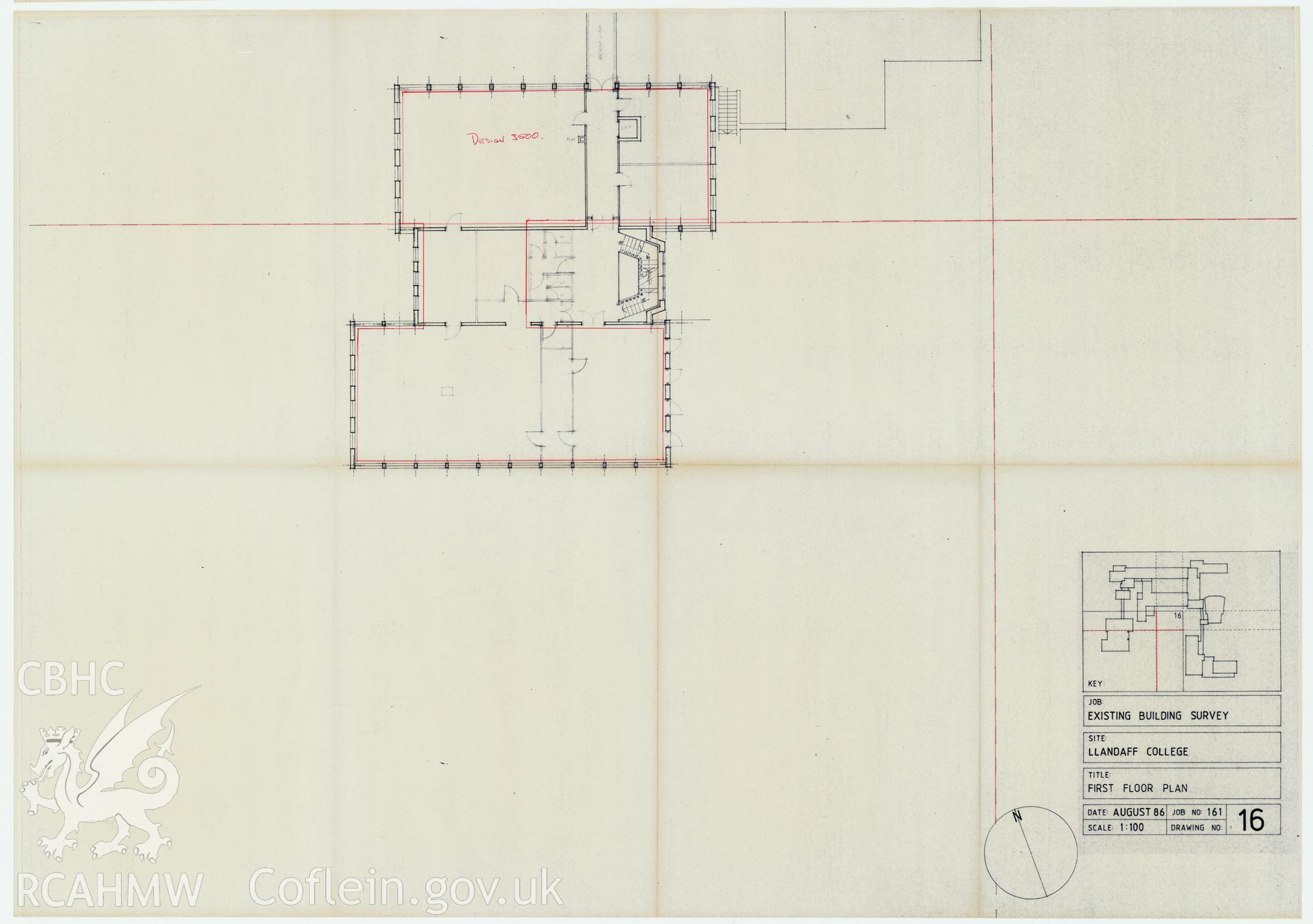 Plan of the first floor of Llandaff College, Cardiff. The existing building survey, August 1986, No 16.