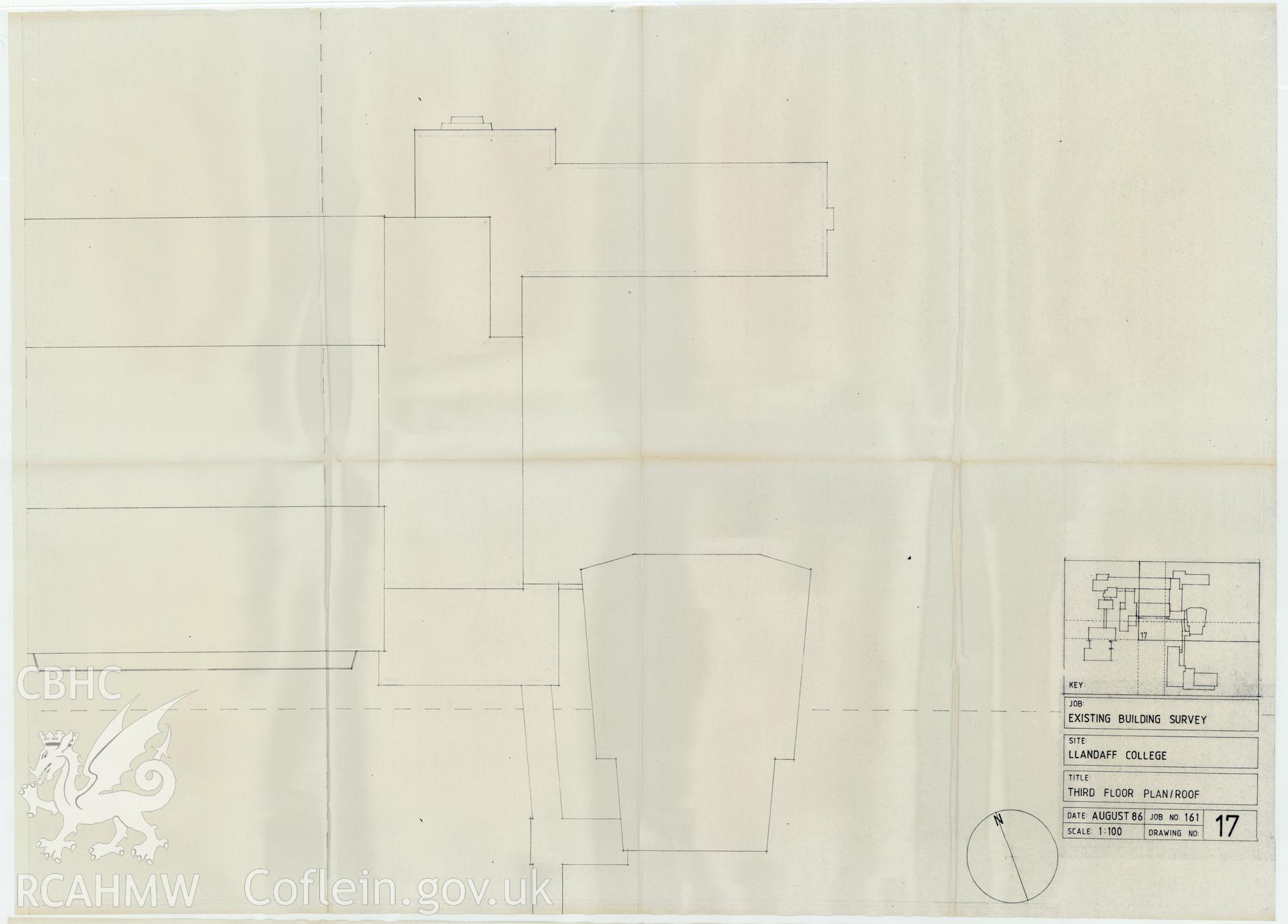 Plan of the third floor of Llandaff College, Cardiff. The existing building survey, August 1986, No 17.