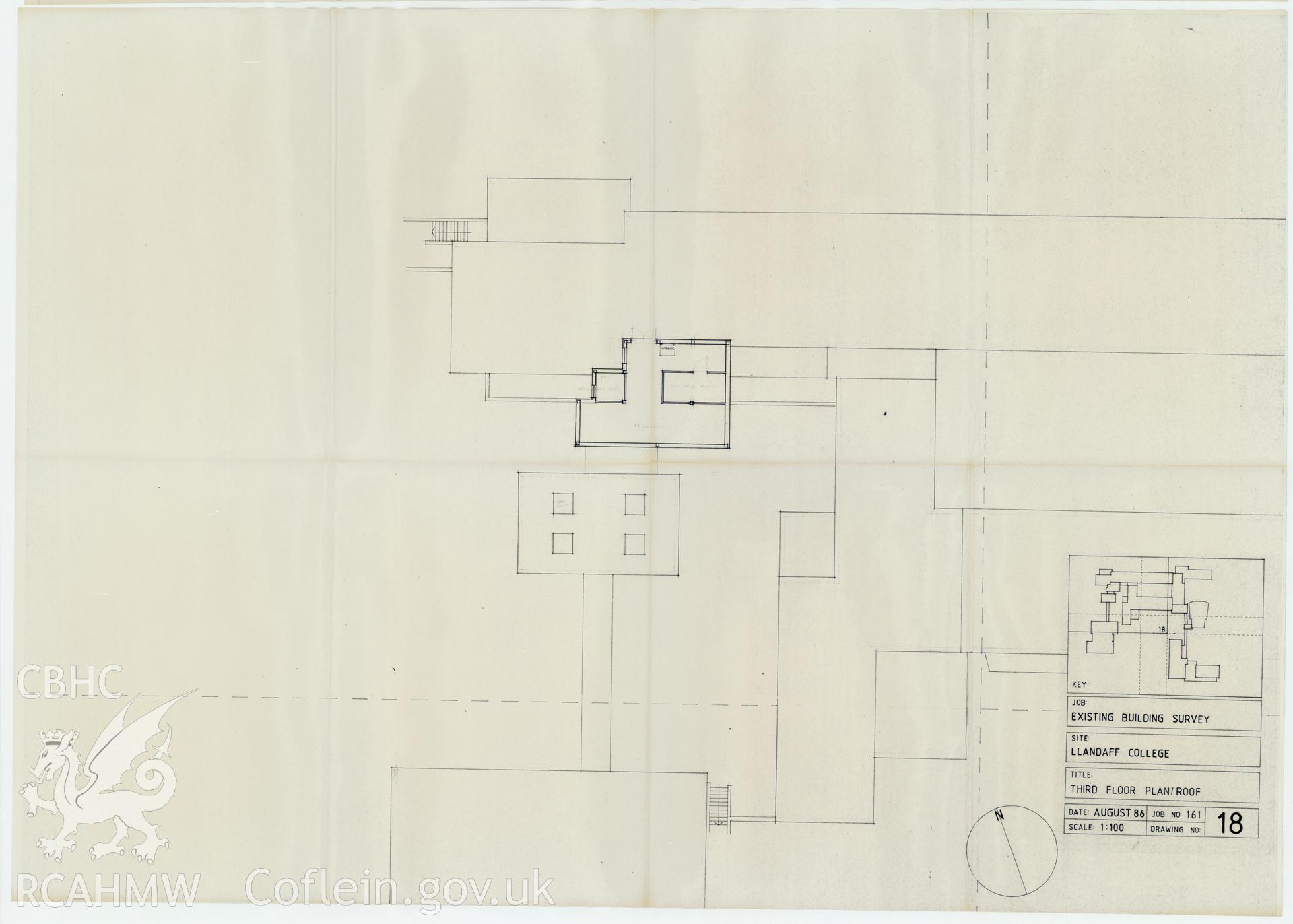 Plan of the third floor of Llandaff College, Cardiff. The existing building survey, August 1986, No 18.