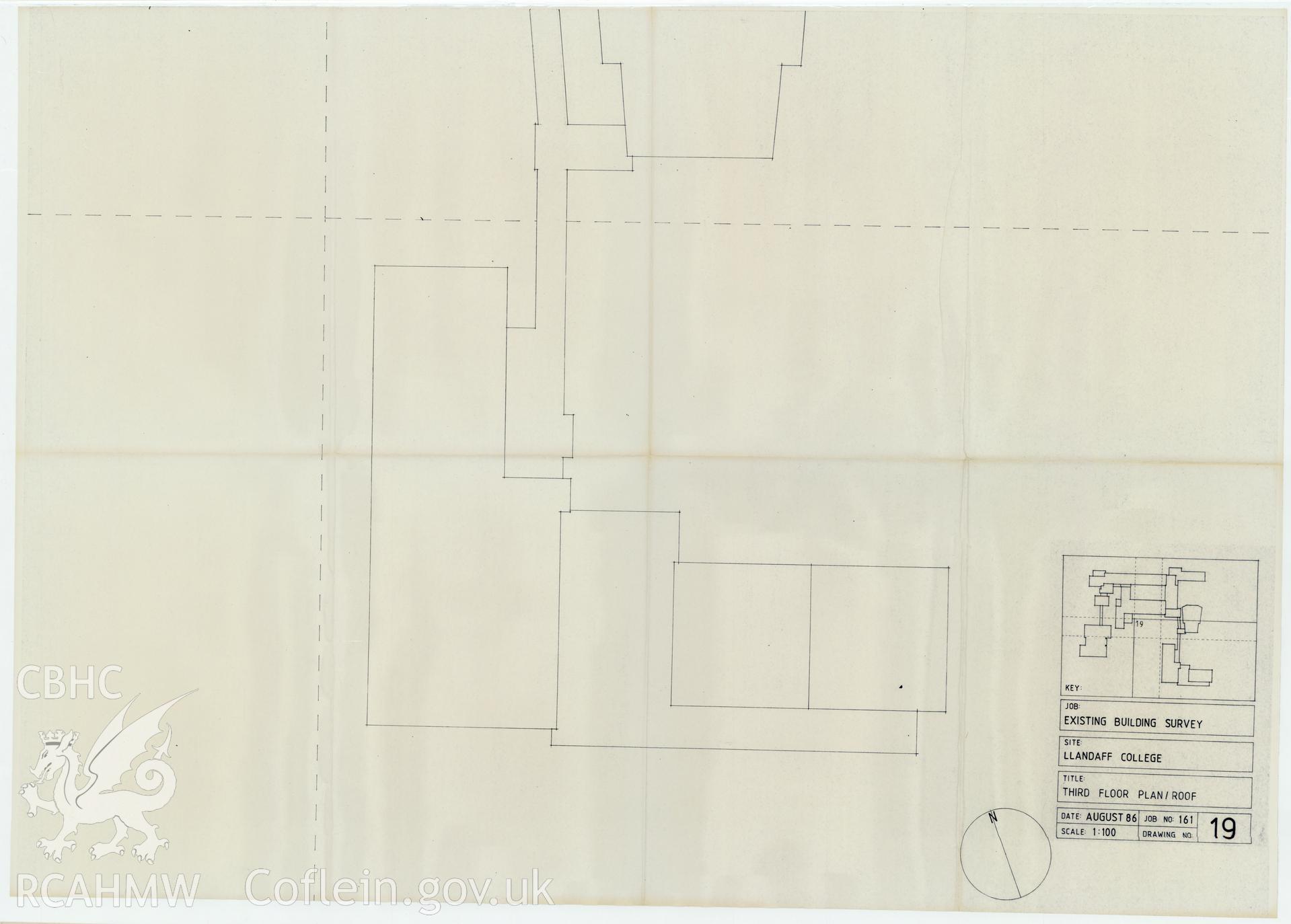 Plan of the third floor of Llandaff College, Cardiff. The existing building survey, August 1986, No 19.