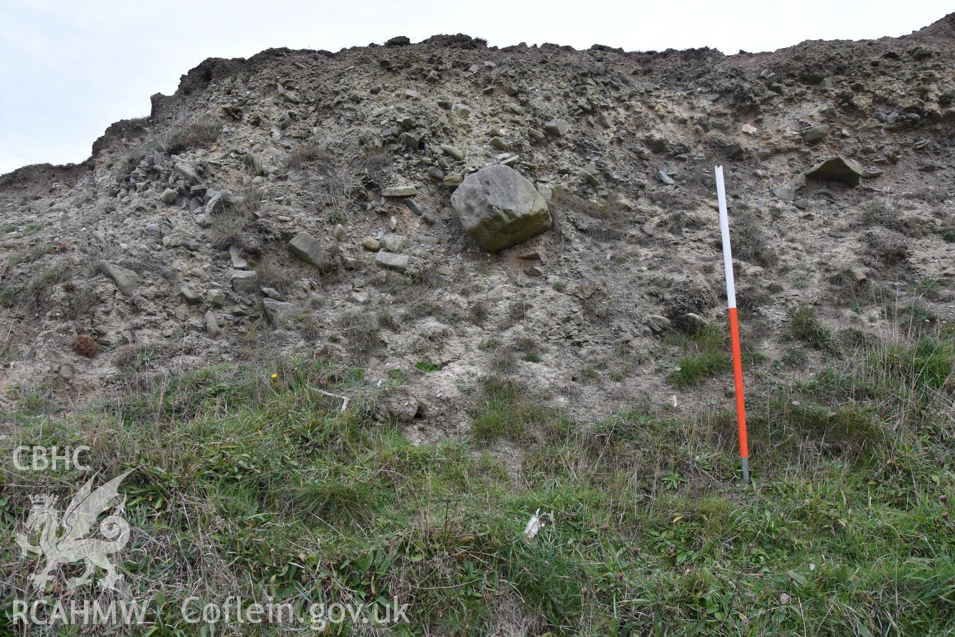 Eroding section with scale. Photographic survey of eroding section of Castell Bach promontory fort (NPRN 93914) by Louise Barker for condition monitoring 31/10/2018.
Produced with EU funds through the Ireland Wales Co-operation Programme 2014-2020. All material made freely available through the Open Government Licence.