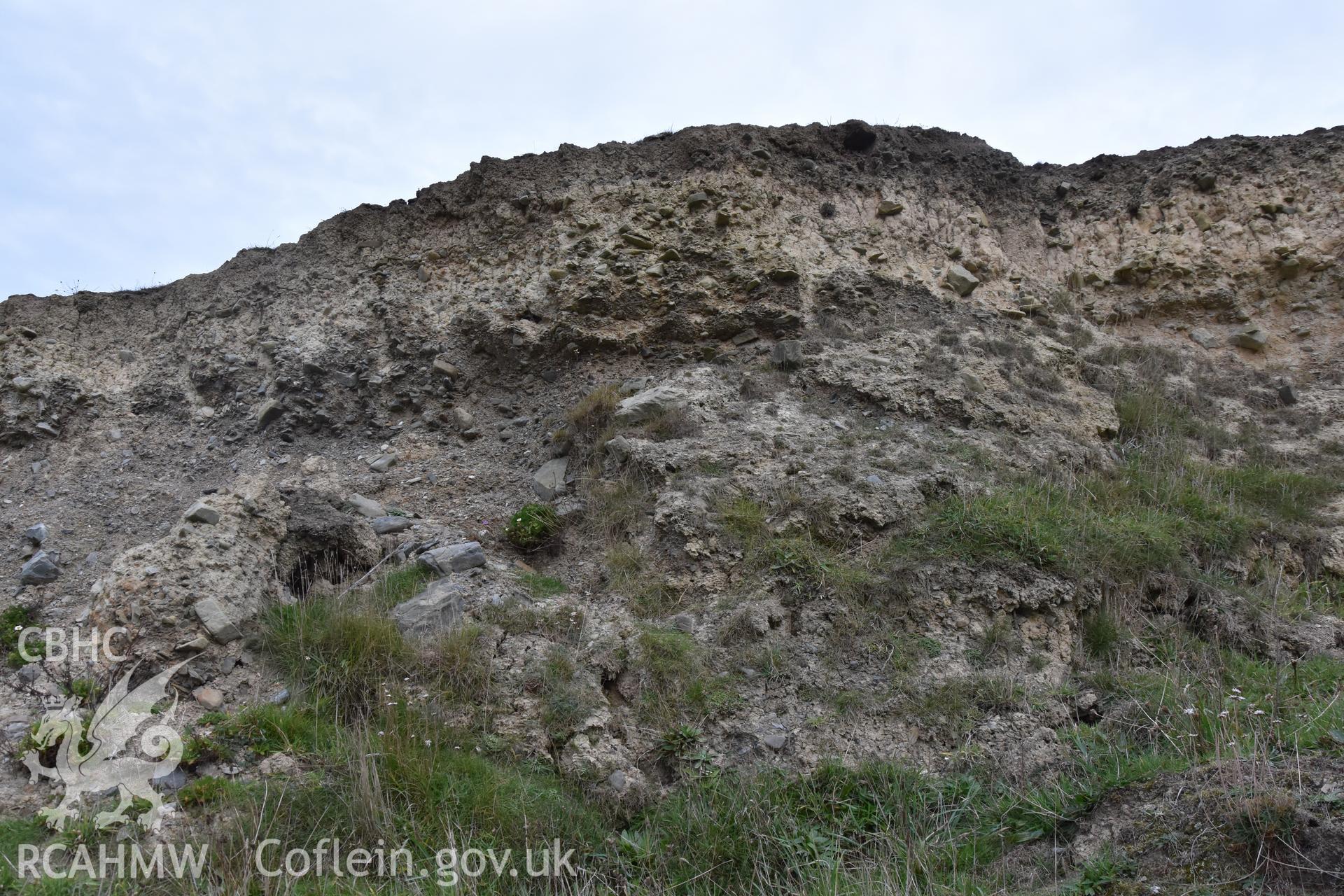 Eroding section shown from below. From photographic survey of eroding section of Castell Bach promontory fort (NPRN 93914) by Louise Barker for condition monitoring 31/10/2018.
Produced with EU funds through the Ireland Wales Co-operation Programme 2014-2020. All material made freely available through the Open Government Licence.