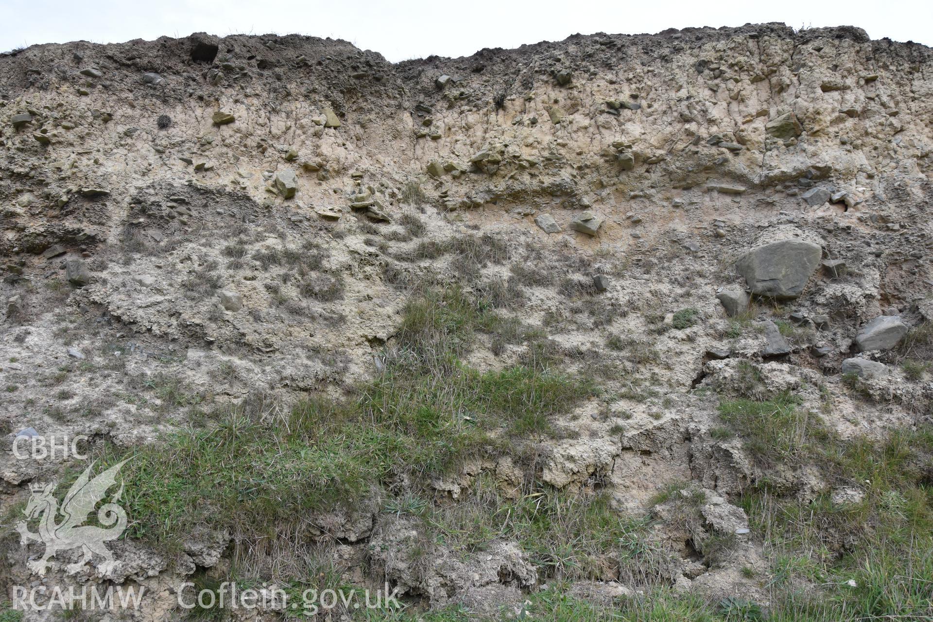 Eroding section shown from below. From photographic survey of eroding section of Castell Bach promontory fort (NPRN 93914) by Louise Barker for condition monitoring 31/10/2018.
Produced with EU funds through the Ireland Wales Co-operation Programme 2014-2020. All material made freely available through the Open Government Licence.