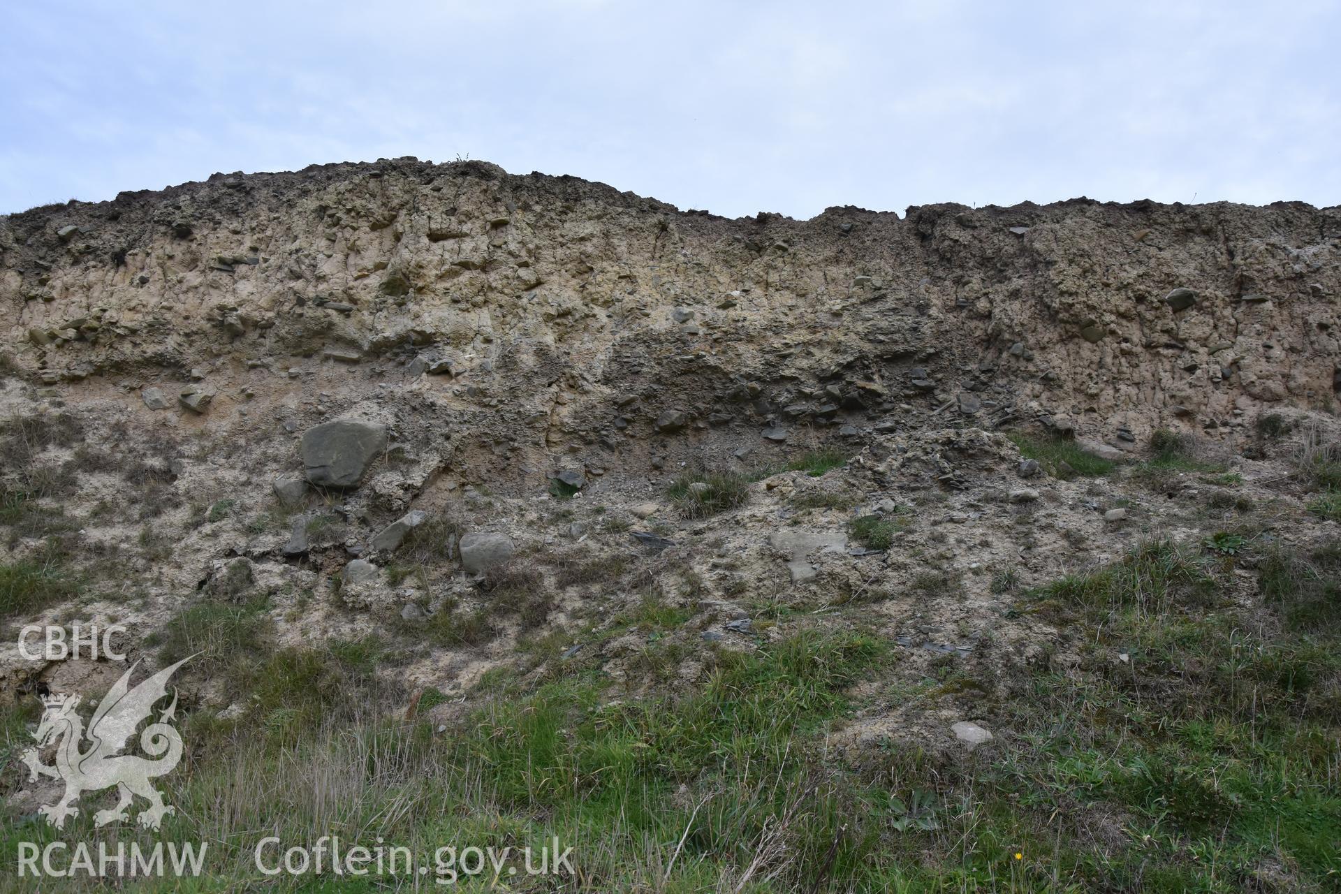 Eroding section shown from below. From photographic survey of eroding section of Castell Bach promontory fort (NPRN 93914) by Louise Barker for condition monitoring 31/10/2018.
Produced with EU funds through the Ireland Wales Co-operation Programme 2014-2020. All material made freely available through the Open Government Licence.