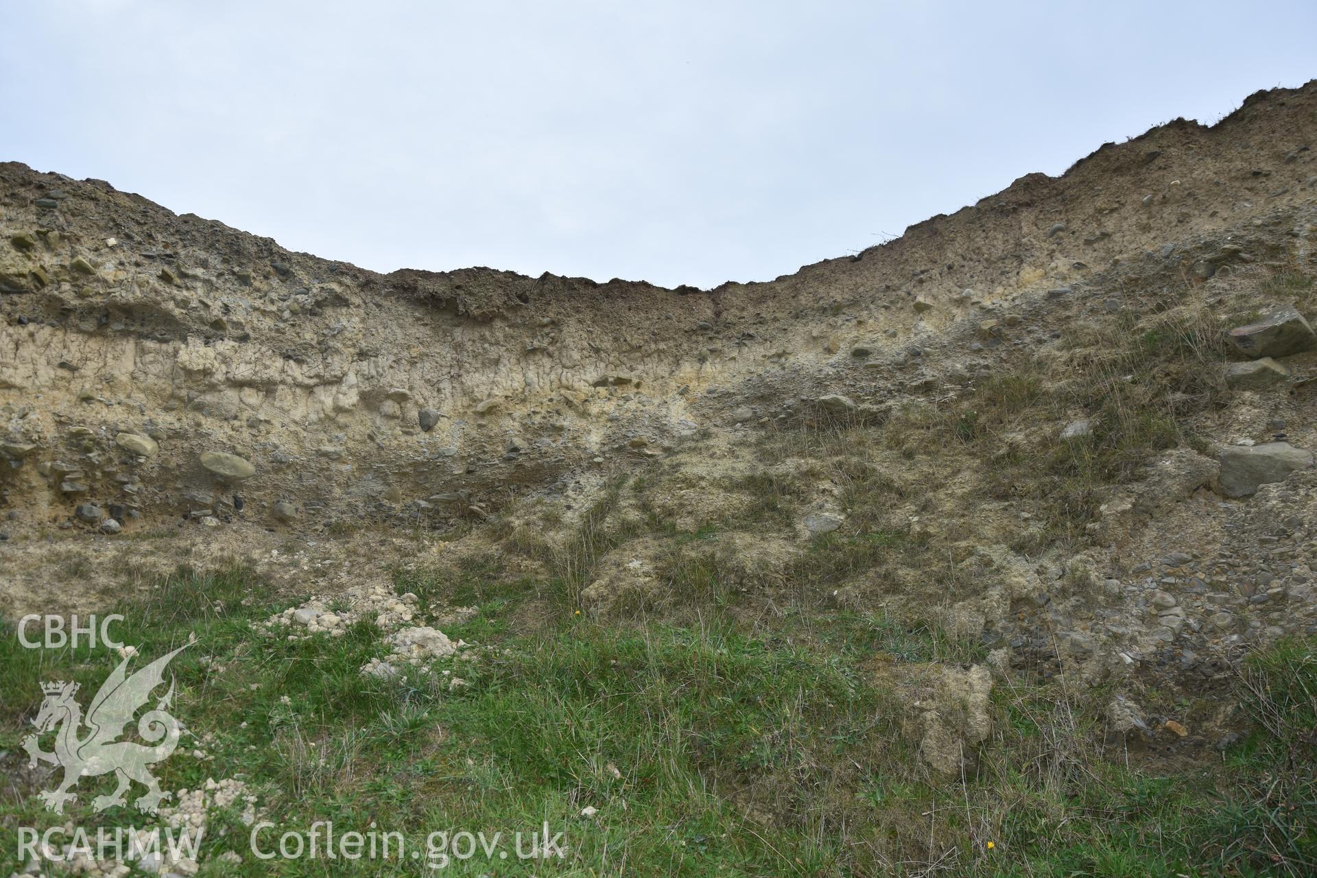 Eroding section shown from below. From photographic survey of eroding section of Castell Bach promontory fort (NPRN 93914) by Louise Barker for condition monitoring 31/10/2018.
Produced with EU funds through the Ireland Wales Co-operation Programme 2014-2020. All material made freely available through the Open Government Licence.