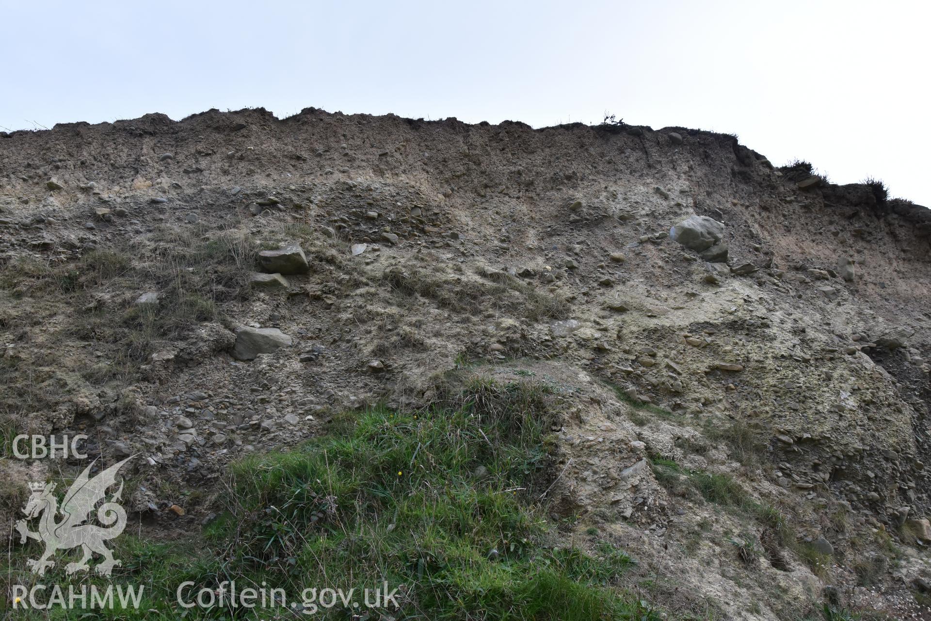 Eroding section shown from below. From photographic survey of eroding section of Castell Bach promontory fort (NPRN 93914) by Louise Barker for condition monitoring 31/10/2018.
Produced with EU funds through the Ireland Wales Co-operation Programme 2014-2020. All material made freely available through the Open Government Licence.