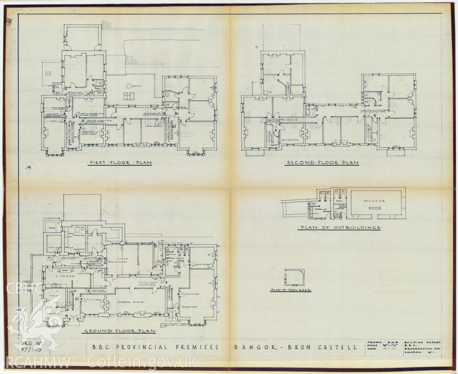 BBC premises, Bron Castell, Bangor - a block plan of the provisional premises. Drawing No. 47/105. March 1962.