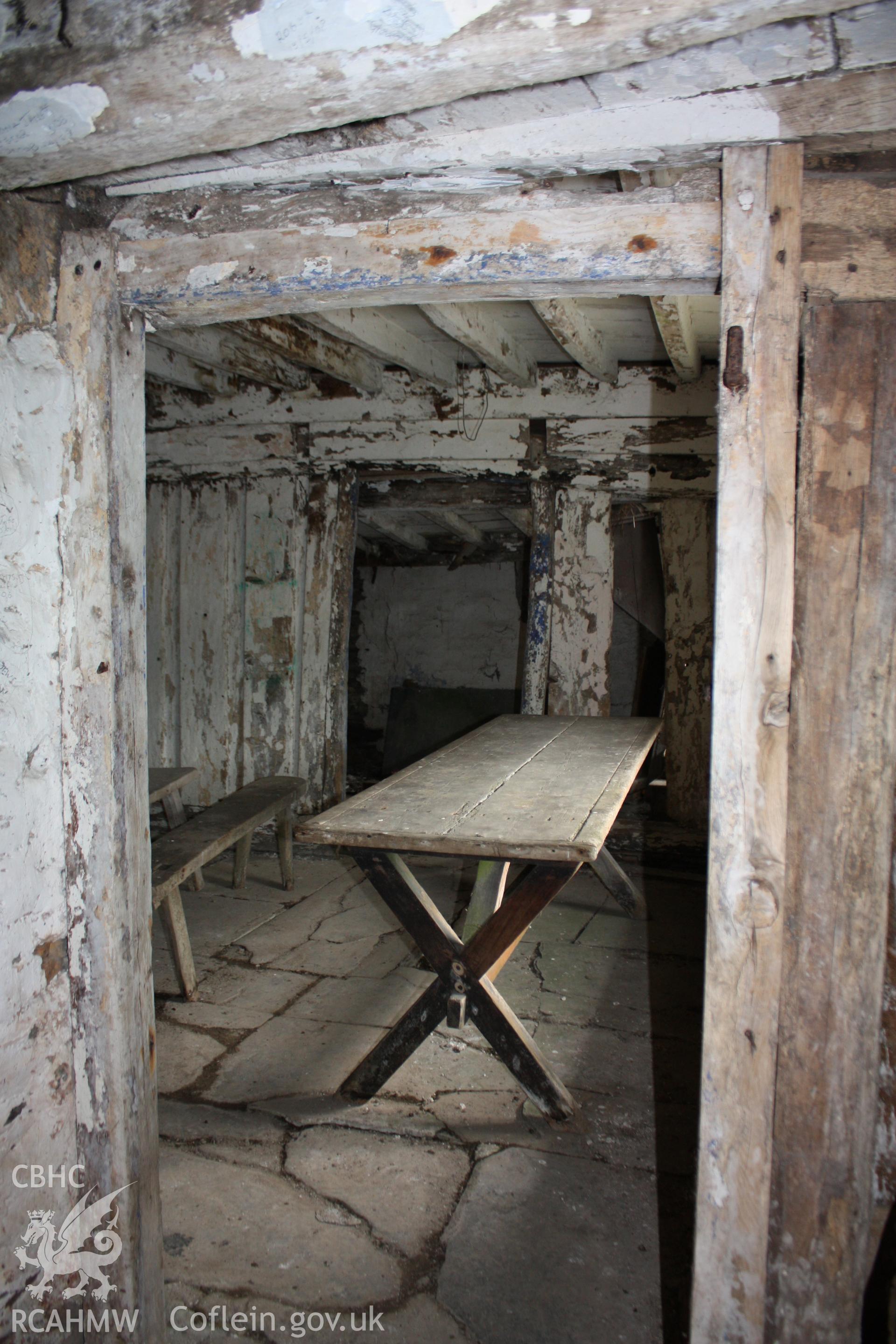 The view into the kitchen with the shearers’ bench and table. Photographed by Richard Suggett of RCAHMW in June 2020.