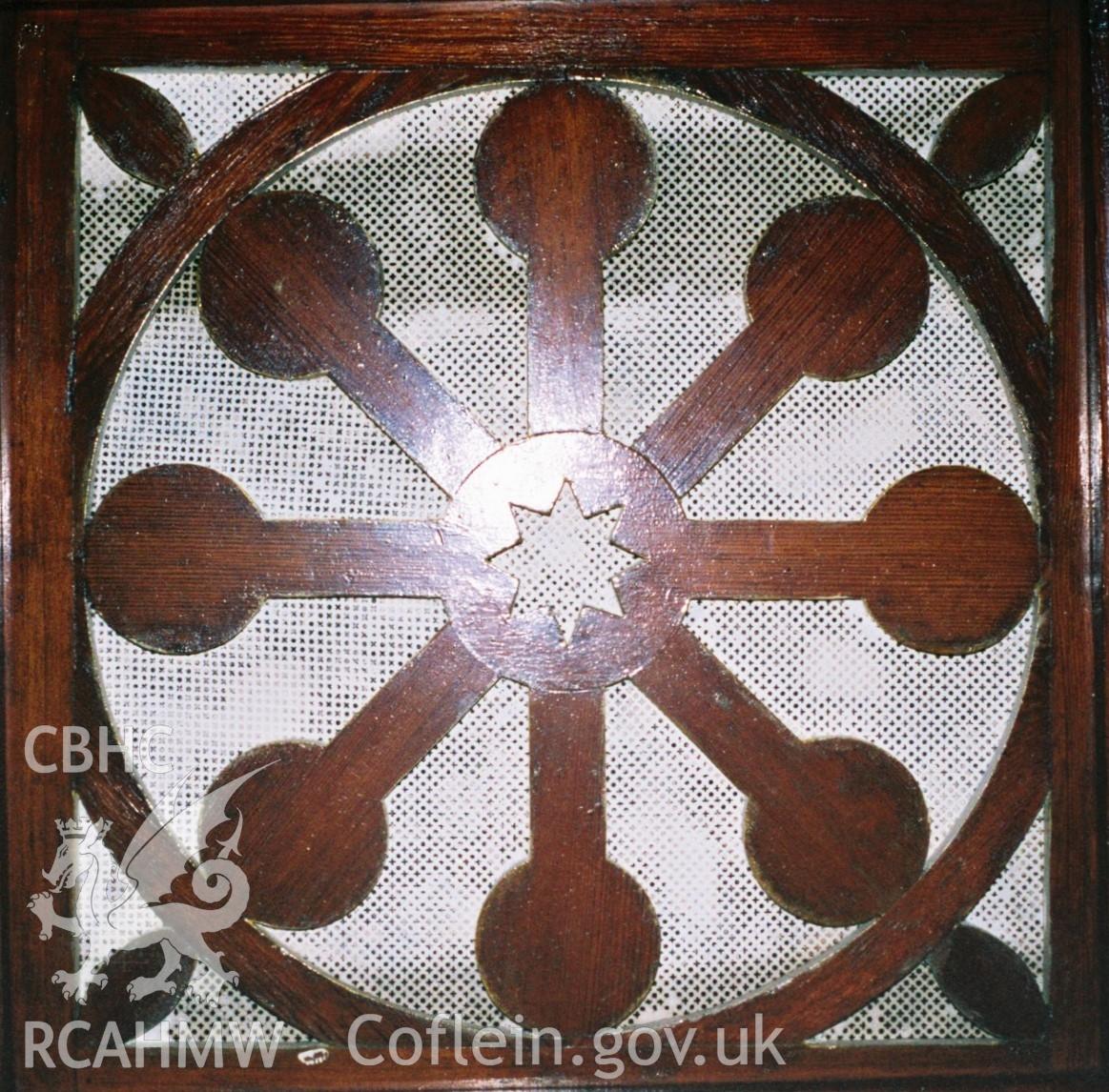 Digital colour photograph showing Salem Newydd chapel - ventilation panel in ceiling.
