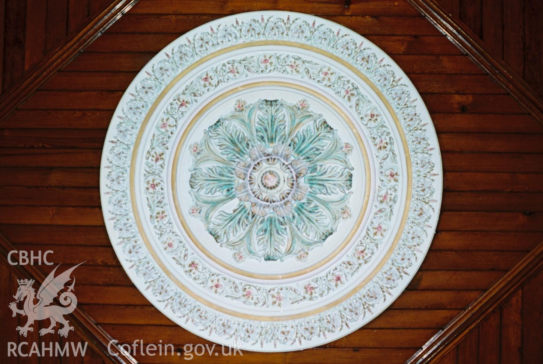 Digital colour photograph showing Salem Newydd chapel - ceiling rose, one of two.