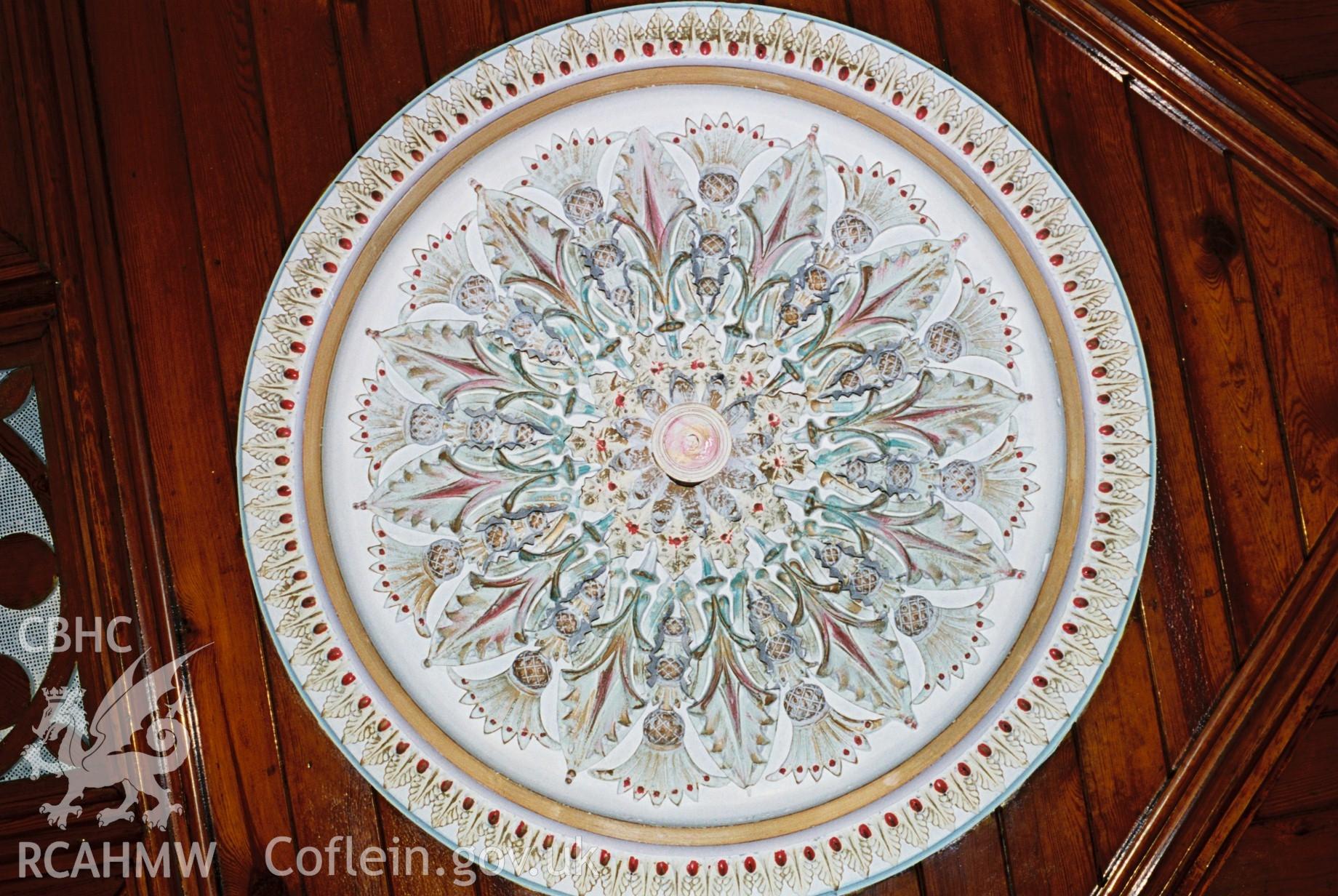Digital colour photograph showing Salem Newydd chapel - ceiling rose, one of two.