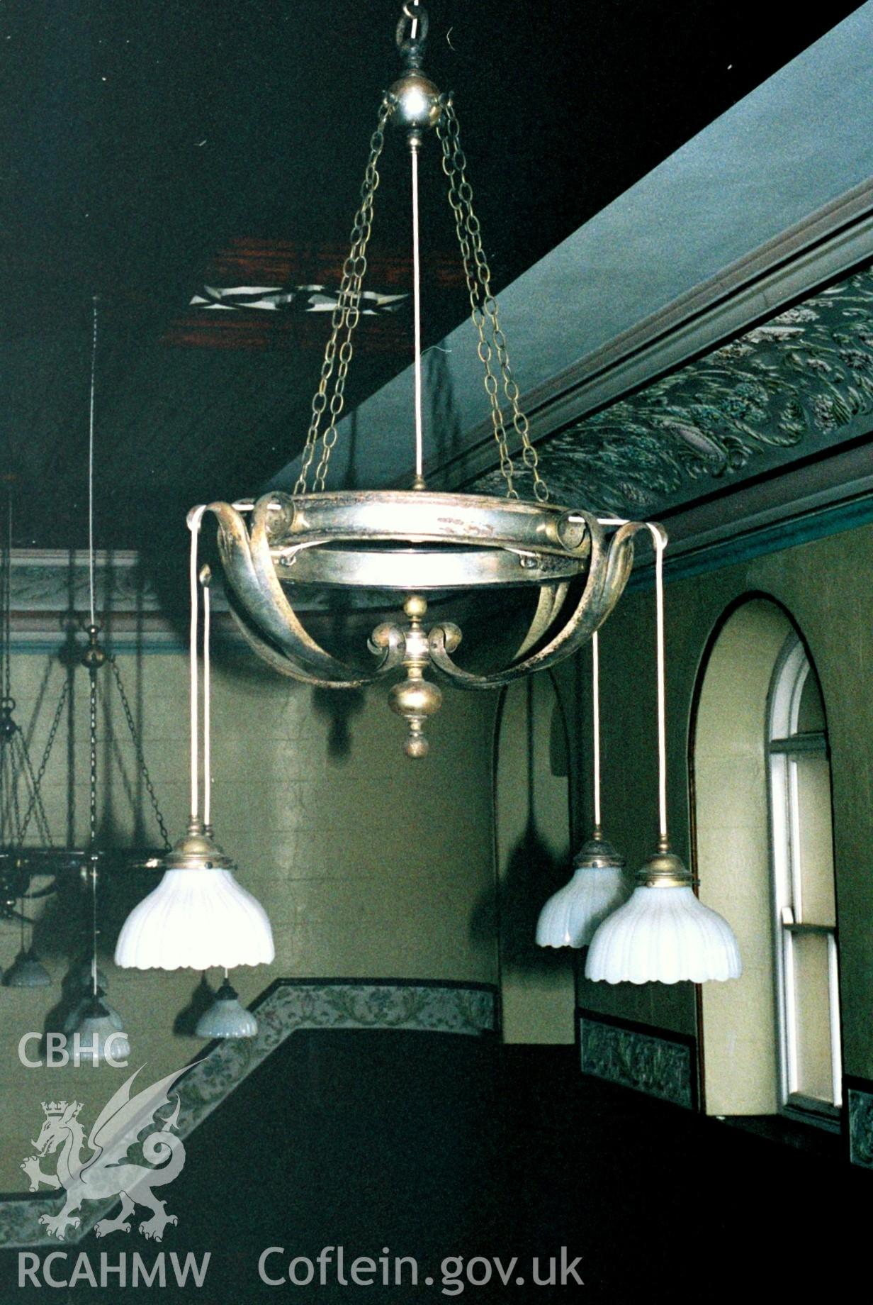 Digital colour photograph showing Salem Newydd chapel - chandelier.