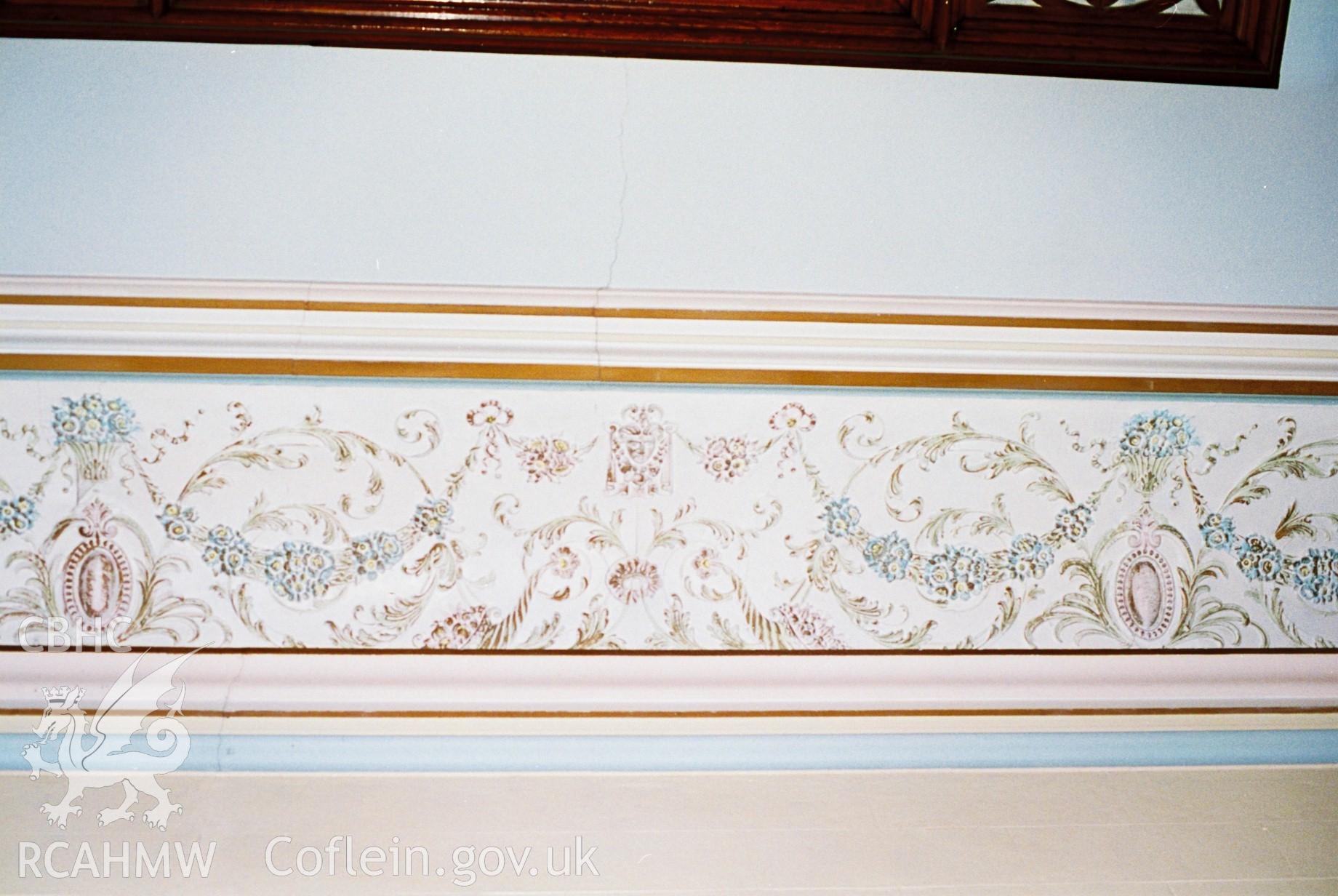 Digital colour photograph showing Salem Newydd chapel - frieze between ceiling and walls.