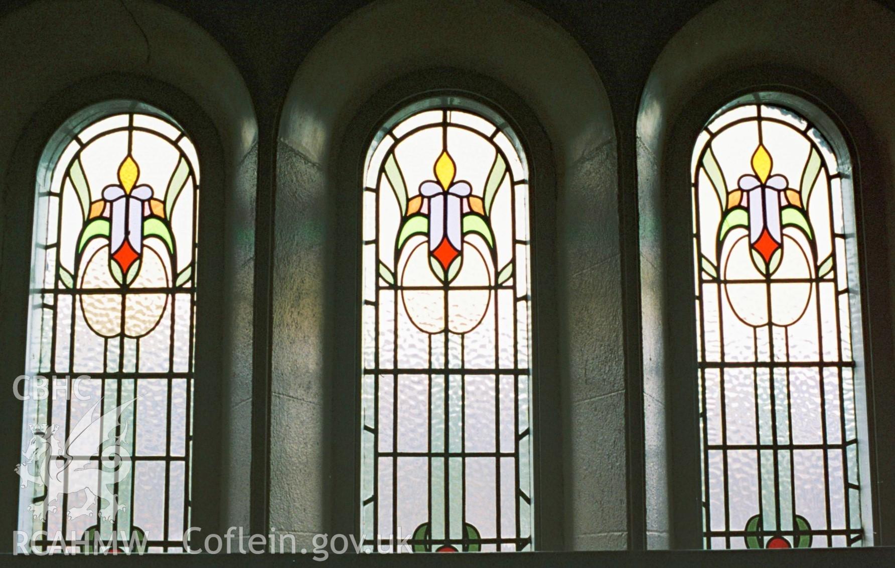 Digital colour photograph showing Salem Newydd chapel - 'trinity' window, front elevation.