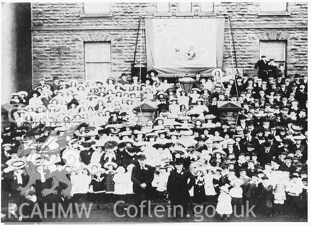 Digital black and white photograph showing Salem Newydd chapel -  with Sunday School procession about to start, with banner,  dated approximately 1906.