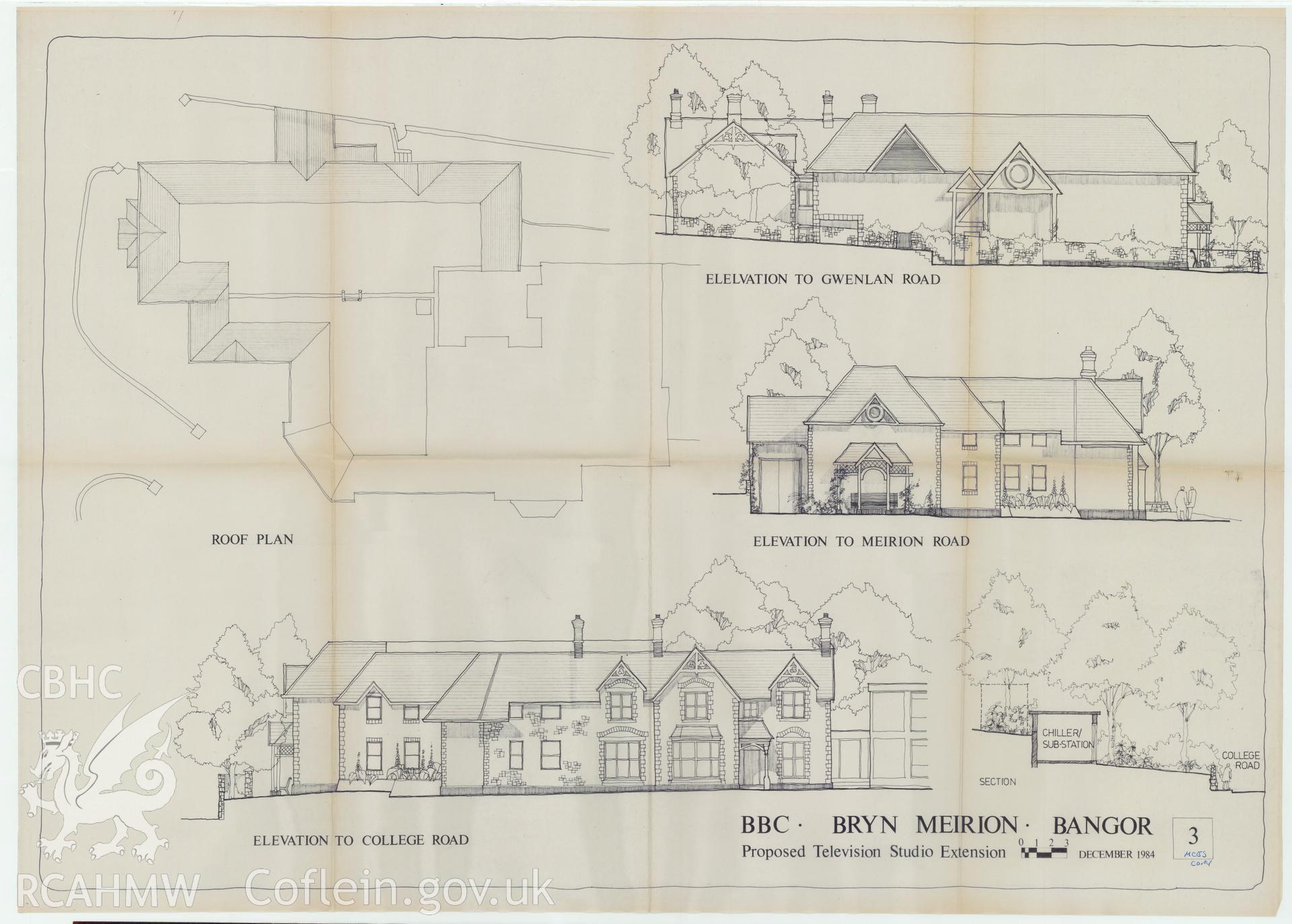 BBC premises, Bryn Meirion, Bangor - drawing of elevation and roof plan of proposed TV studio extension. Drawing No. 3. December 1984.