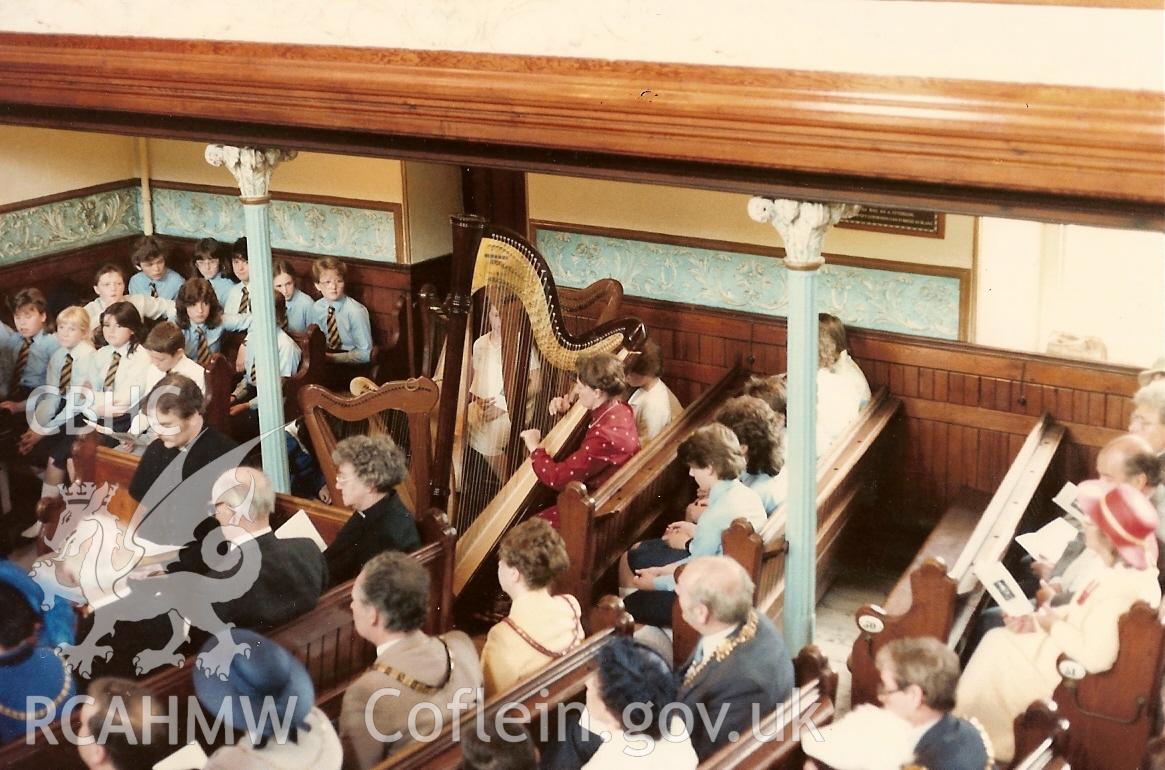 Digital colour photograph showing Salem Newydd chapel - Sul y Maer, 1985. Includes harp playing.