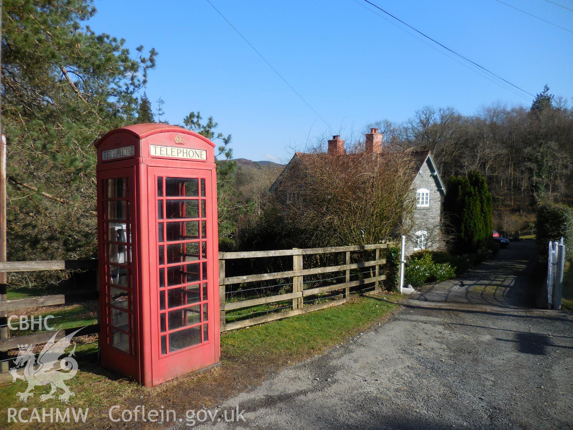 Colour digital photograph showing telephone box, Llanwddyn, taken on 27 February 2022.