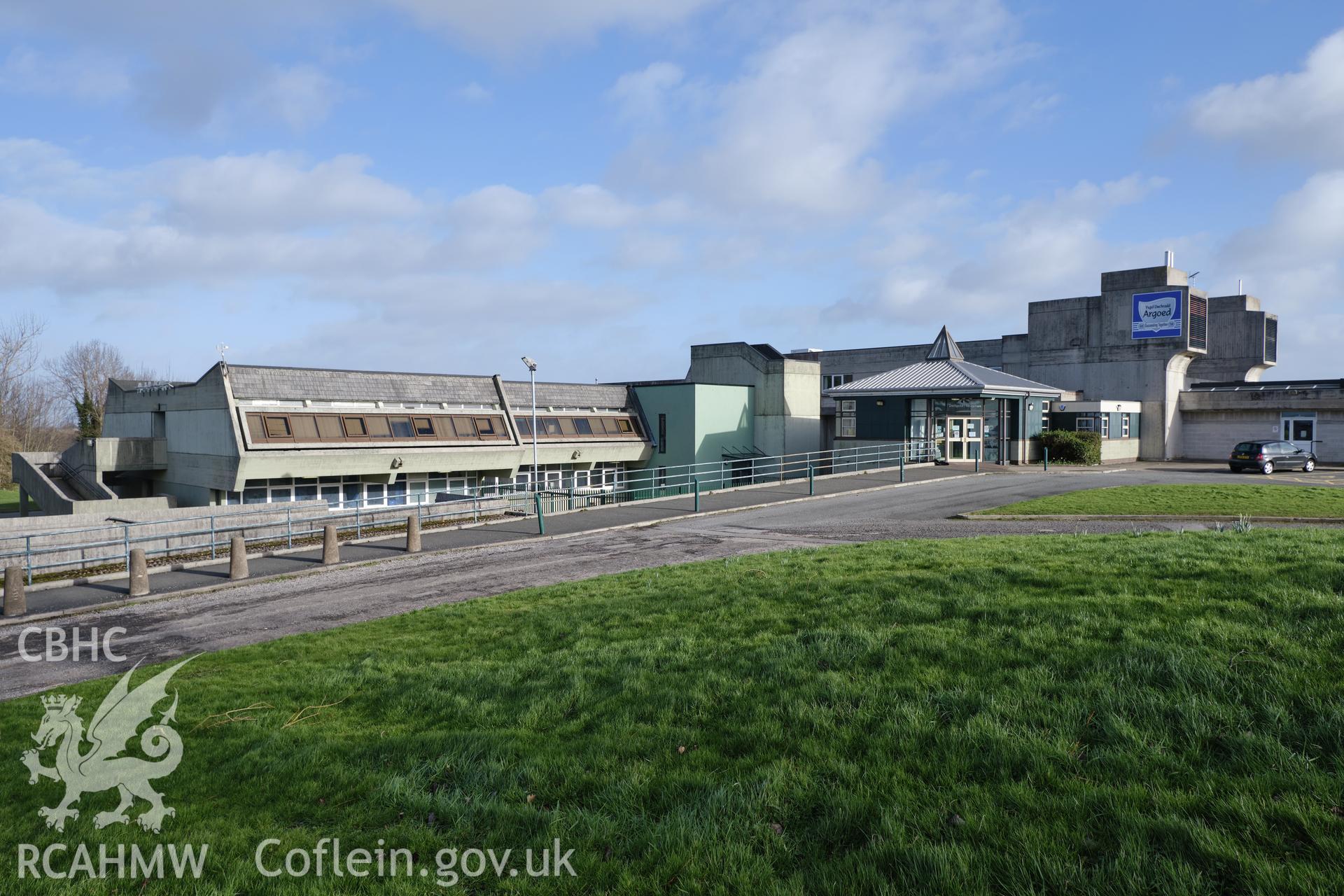 Colour photograph showing Argoed School - view looking S to entrance.