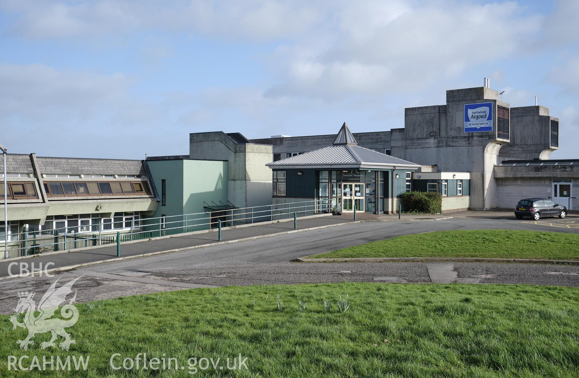 Colour photograph showing Argoed School - entrance looking S.